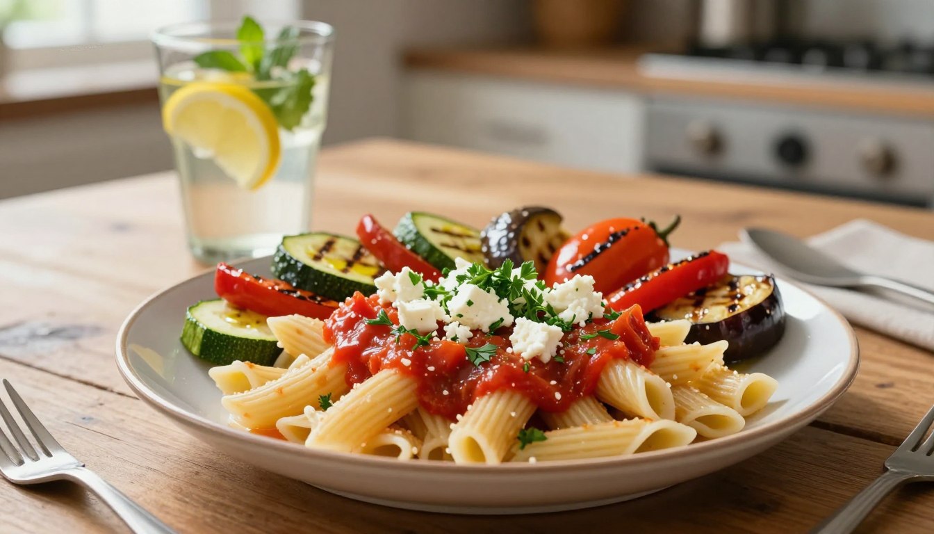 A beautifully arranged plate of Mediterranean comfort food, showcasing colorful, healthy ingredients. In the foreground, a generous serving of whole-grain pasta topped with a vibrant tomato and basil sauce, sprinkled with crumbled feta cheese and fresh parsley. Accompanying this, a side of grilled vegetables, including zucchini, bell peppers, and eggplant, glistening with olive oil. In the middle ground, a rustic wooden table set with a glass of infused water, featuring slices of lemon and mint for a refreshing touch. Soft, natural lighting beams from a nearby window, creating a warm and inviting atmosphere. The background is softly blurred, hinting at a cozy kitchen setting, enhancing the sense of comfort and nourishment. This scene evokes a feeling of wholesome indulgence, perfect for those over 50 seeking healthy yet comforting meals.