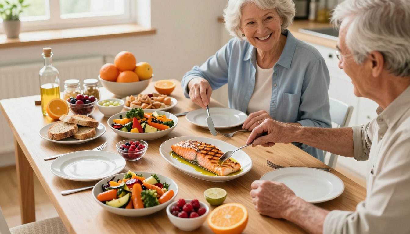 A beautifully arranged table featuring a variety of Mediterranean foods that promote an anti-inflammatory diet for seniors, showcasing vibrant dishes such as grilled salmon drizzled with olive oil, colorful roasted vegetables, whole grain breads, and fresh fruits like oranges and berries. In the foreground, a realistic, healthy adult couple aged 60+, dressed in modest casual clothing, happily preparing their meal and engaging in conversation. The background includes a bright kitchen with natural light streaming in through a window, creating a warm and inviting atmosphere. The camera angle is a slight overhead shot, emphasizing the abundance of fresh ingredients, while soft lighting casts a welcoming glow on the scene, evoking a sense of health and vitality.