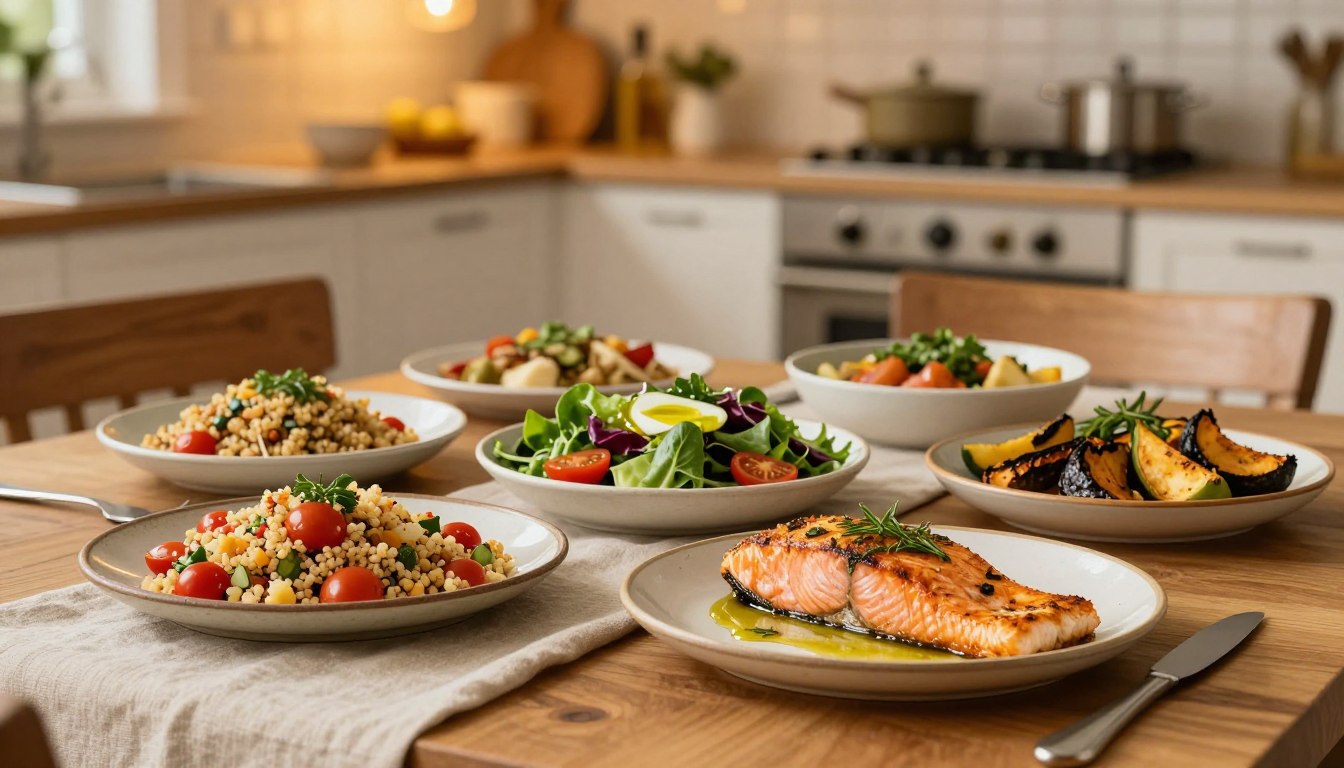 A beautifully arranged table featuring an array of healthy Mediterranean comfort foods, ideal for individuals over 50. In the foreground, vibrant dishes like baked salmon with herbs, quinoa salad with cherry tomatoes, leafy green salad drizzled with olive oil, and roasted vegetables are artfully presented on rustic ceramic plates. The middle ground showcases a warm, inviting atmosphere with natural wooden textures and soft linen tablecloths. In the background, a softly glowing kitchen can be seen, illuminated by warm, ambient lighting, suggesting homeliness and ease of preparation. The overall mood is one of warmth and nourishment, perfect for a comforting yet healthy dinner setting.