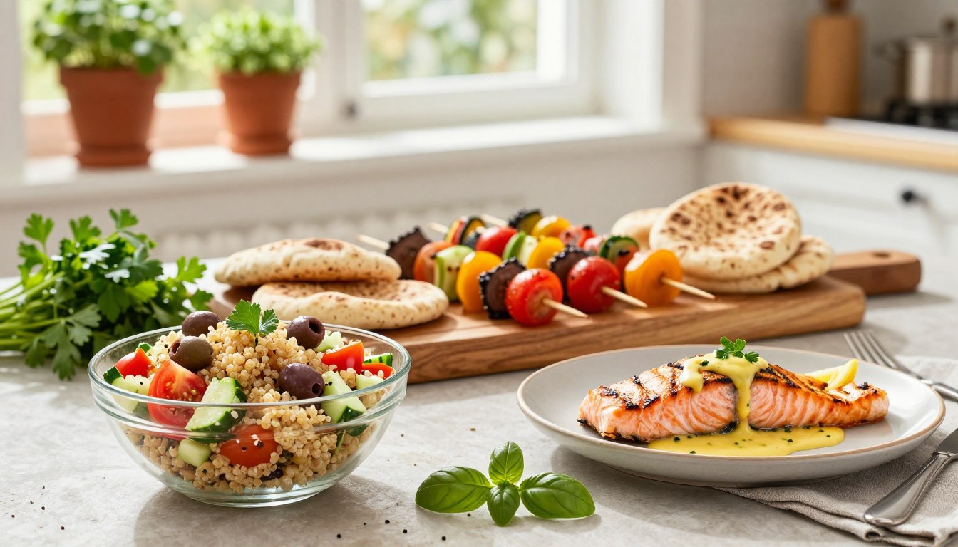 A beautifully arranged table featuring quick and healthy Mediterranean meals, designed for adults aged 50 and above. In the foreground, a vibrant bowl of quinoa salad with cherry tomatoes, cucumbers, and olives sits next to a plate of grilled salmon drizzled with lemon sauce. Fresh herbs like parsley and basil are scattered around. In the middle, a large wooden platter showcases whole-grain pita bread and colorful vegetable skewers. The background reveals a sunlit kitchen with potted herbs on the windowsill, enhancing the warm and inviting atmosphere. Soft, natural lighting highlights the freshness of the ingredients, while a shallow depth of field focuses on the meals, creating a sense of comfort and ease in meal preparation.