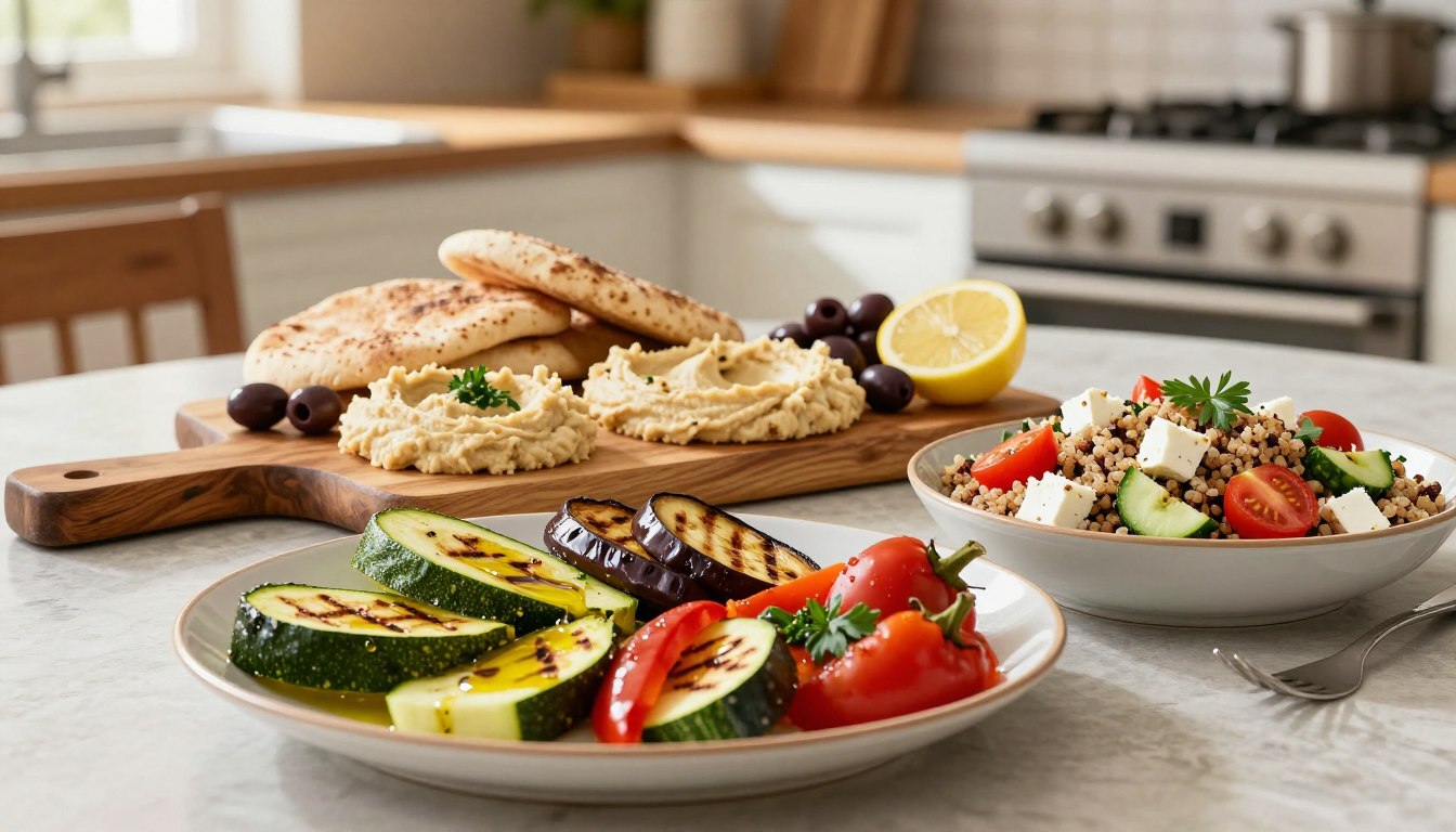 A beautifully arranged table featuring simple Mediterranean recipes that cater to healthy adults aged 50 and above. In the foreground, a vibrant platter of grilled vegetables, such as zucchini, bell peppers, and eggplant, drizzled with olive oil and garnished with fresh herbs. Beside it, a bowl of Mediterranean quinoa salad with cherry tomatoes, cucumbers, and feta cheese. In the middle ground, a rustic wooden cutting board holds whole grain pita bread and hummus, surrounded by olives and fresh lemon slices. The background showcases a sunlit kitchen with soft, warm lighting, accentuating the inviting atmosphere. The scene evokes a sense of comfort and wellness, emphasizing the warmth of sharing healthy meals. A beautifully arranged table featuring simple Mediterranean recipes that cater to healthy adults aged 50 and above. In the foreground, a vibrant platter of grilled vegetables, such as zucchini, bell peppers, and eggplant, drizzled with olive oil and garnished with fresh herbs. Beside it, a bowl of Mediterranean quinoa salad with cherry tomatoes, cucumbers, and feta cheese. In the middle ground, a rustic wooden cutting board holds whole grain pita bread and hummus, surrounded by olives and fresh lemon slices. The background showcases a sunlit kitchen with soft, warm lighting, accentuating the inviting atmosphere. The scene evokes a sense of comfort and wellness, emphasizing the warmth of sharing healthy meals.