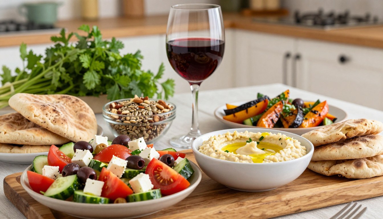A beautifully arranged table showcasing a selection of Mediterranean anti-inflammatory foods, perfect for seniors. In the foreground, a wooden platter features vibrant dishes: a colorful Greek salad with tomatoes, cucumbers, olives, and feta cheese, drizzled with olive oil. Next to it, a bowl of hummus served with whole grain pita bread, and a dish of grilled vegetables glistening with herbs. In the middle, a glass of red wine complements the meal, while a side bowl contains mixed nuts and seeds. The background includes soft-focus fresh herbs and a hint of rustic kitchen decor, bathed in warm, natural lighting. The mood is inviting and cozy, evoking a sense of comfort and well-being for everyday meals.