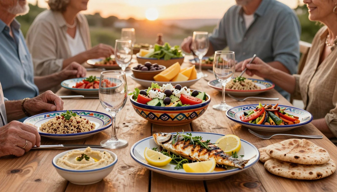 A beautifully arranged table showcasing a variety of Mediterranean diet portions, featuring vibrant dishes such as fresh salads with tomatoes, cucumbers, olives, and feta cheese, grilled vegetables, and portions of whole grains like quinoa and brown rice. In the foreground, a plate of grilled fish garnished with herbs and lemon sits alongside a small bowl of hummus and whole grain pita bread. The middle ground includes a rustic wooden table setting with colorful, hand-painted ceramics filled with almonds and fresh fruit. The background is softly lit, creating a warm, inviting atmosphere, with a gentle sunset casting a golden hue. The scene captures healthy adults aged 50+, dressed in modest casual clothing, enjoying a meal together, portraying the essence of community and satisfaction in a Mediterranean lifestyle. A beautifully arranged table showcasing a variety of Mediterranean diet portions, featuring vibrant dishes such as fresh salads with tomatoes, cucumbers, olives, and feta cheese, grilled vegetables, and portions of whole grains like quinoa and brown rice. In the foreground, a plate of grilled fish garnished with herbs and lemon sits alongside a small bowl of hummus and whole grain pita bread. The middle ground includes a rustic wooden table setting with colorful, hand-painted ceramics filled with almonds and fresh fruit. The background is softly lit, creating a warm, inviting atmosphere, with a gentle sunset casting a golden hue. The scene captures healthy adults aged 50+, dressed in modest casual clothing, enjoying a meal together, portraying the essence of community and satisfaction in a Mediterranean lifestyle.