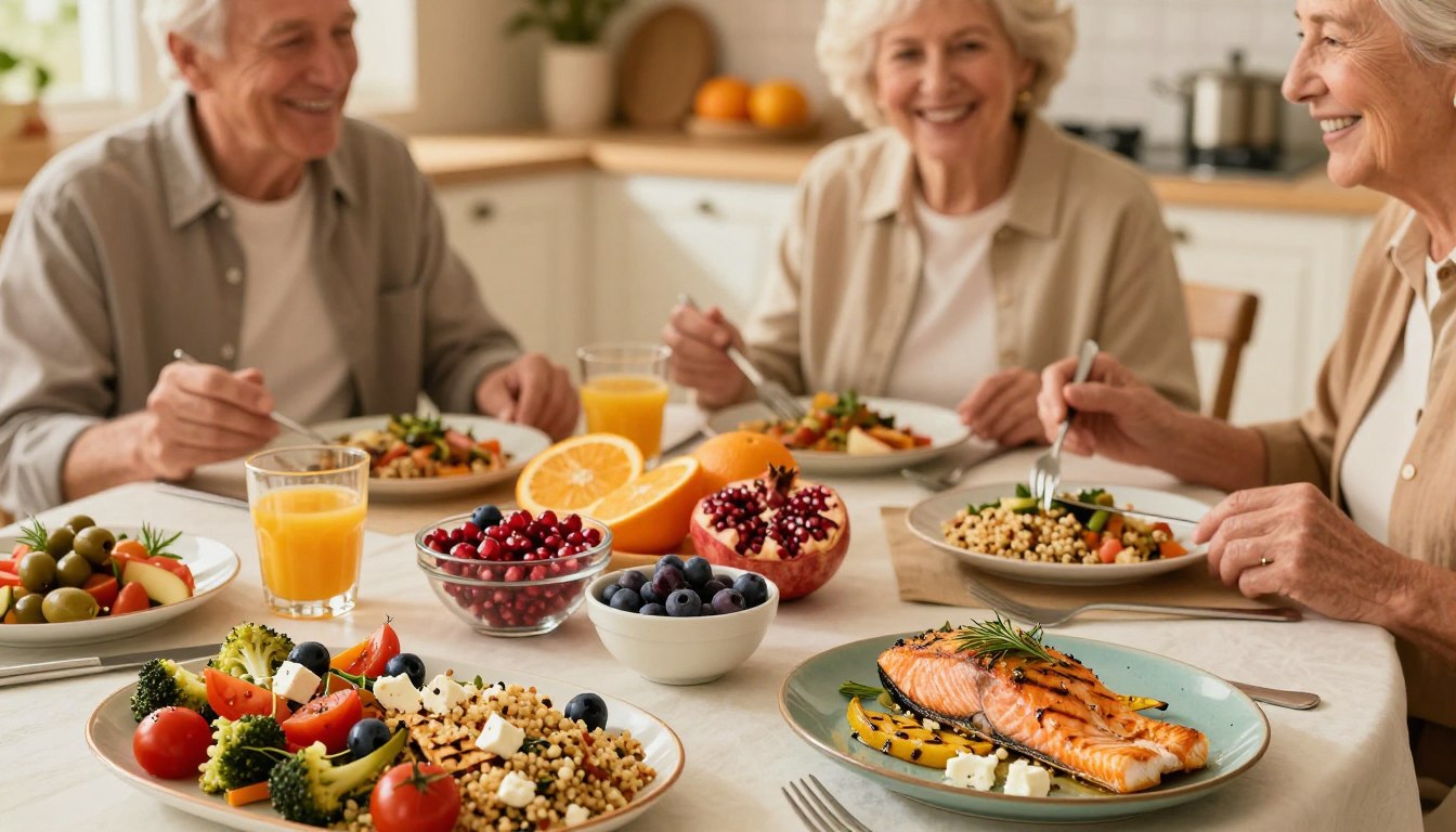 A beautifully arranged table showcasing a variety of healthy Mediterranean meals ideal for retirees. In the foreground, vibrant plates of grilled vegetables, quinoa salad with cherry tomatoes, olives, and feta cheese, alongside a platter of baked salmon garnished with herbs. In the middle, fresh fruit bowls with oranges, berries, and pomegranate. The background features a warm, inviting kitchen with soft golden lighting, emphasizing a cozy atmosphere. The scene captures an older adult couple, dressed in smart casual clothing, smiling and enjoying their meal together. The angle is slightly overhead, providing a full view of the colorful dishes while maintaining a natural, intimate feel. The overall mood is cheerful and nourishing, celebrating healthy eating. A beautifully arranged table showcasing a variety of healthy Mediterranean meals ideal for retirees. In the foreground, vibrant plates of grilled vegetables, quinoa salad with cherry tomatoes, olives, and feta cheese, alongside a platter of baked salmon garnished with herbs. In the middle, fresh fruit bowls with oranges, berries, and pomegranate. The background features a warm, inviting kitchen with soft golden lighting, emphasizing a cozy atmosphere. The scene captures an older adult couple, dressed in smart casual clothing, smiling and enjoying their meal together. The angle is slightly overhead, providing a full view of the colorful dishes while maintaining a natural, intimate feel. The overall mood is cheerful and nourishing, celebrating healthy eating.