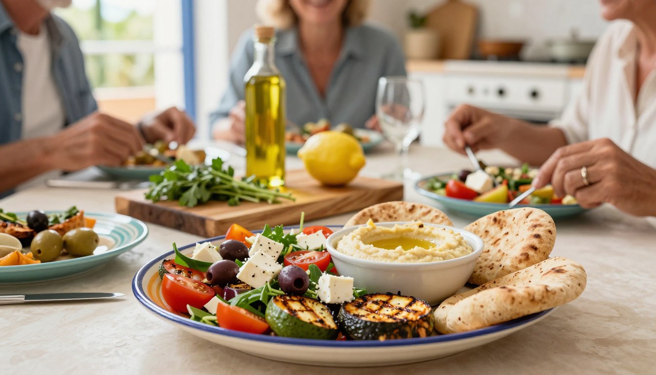 A beautifully arranged table showcasing easy Mediterranean-style meals. In the foreground, highlight a vibrant, colorful plate filled with grilled vegetables, a fresh Greek salad with feta cheese, olives, and cherry tomatoes, and a bowl of hummus surrounded by whole grain pita bread. The middle layer features a rustic wooden cutting board with fresh herbs, a lemon, and a bottle of olive oil. In the background, softly blurred, display a sunny Mediterranean kitchen setting with light streaming through a window, enhancing the warmth of the scene. The atmosphere is inviting and cheerful, evoking a sense of health and simplicity. The image should capture the essence of fresh, wholesome ingredients appealing to adults aged 50+ in modest casual attire enjoying a meal together, focusing on the delicious Mediterranean diet.