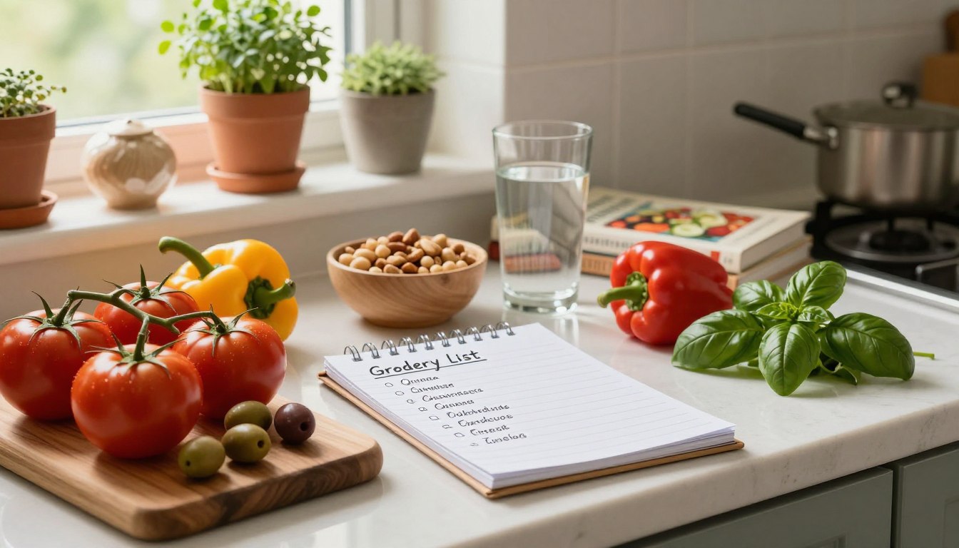 A beautifully organized kitchen countertop featuring a vibrant grocery list for healthy aging, alongside a variety of fresh Mediterranean ingredients. In the foreground, an elegant wooden cutting board displays ripe tomatoes, colorful bell peppers, olives, and a bunch of fresh basil. A stylish notepad rests beside it, with neat handwriting listing items like quinoa, chickpeas, and leafy greens. In the middle, a bowl of mixed nuts, a glass of water, and a cookbook showcasing Mediterranean recipes provide context. The background features soft, warm lighting filtering through a window, with potted herbs on a shelf. The atmosphere is inviting and serene, perfect for busy adults aged 50 and above who value healthy living and simplicity.
