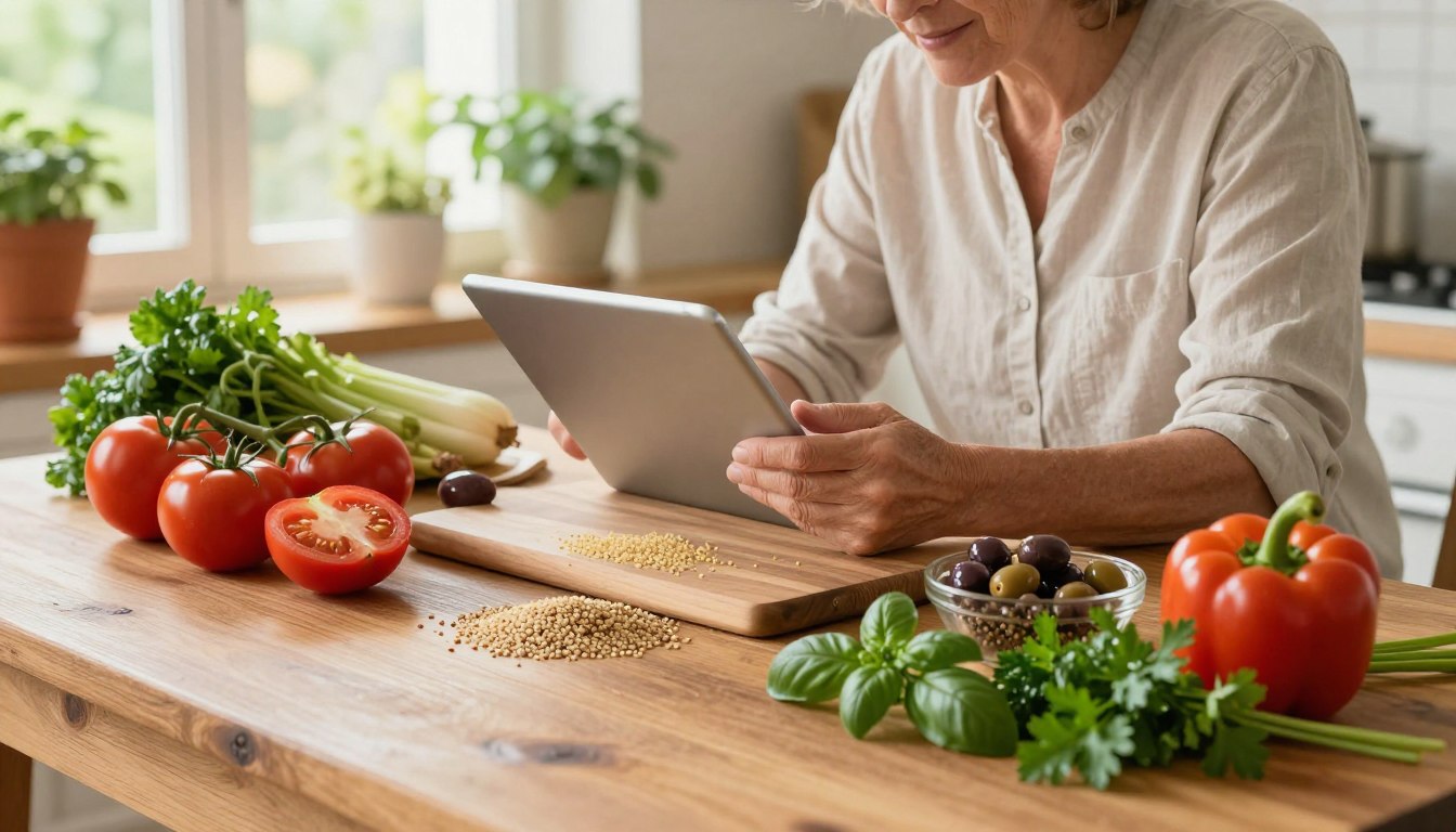 A bright, inviting kitchen scene filled with vibrant Mediterranean ingredients. In the foreground, a rustic wooden table is set with colorful vegetables such as ripe tomatoes, bell peppers, and olives, along with whole grains like quinoa and couscous. Fresh herbs like basil and parsley are scattered artistically. In the middle ground, a healthy, realistic adult in their 50s, dressed in modest casual clothing, sorts through a grocery list on a tablet, showcasing an engaged and thoughtful expression. The background features lush window greenery, letting in warm, natural light that enhances the cheerful, wholesome atmosphere of meal preparation. The angle is slightly overhead, providing a comprehensive view of the ingredients and the process, encapsulating the essence of a beginner-friendly Mediterranean diet. A bright, inviting kitchen scene filled with vibrant Mediterranean ingredients. In the foreground, a rustic wooden table is set with colorful vegetables such as ripe tomatoes, bell peppers, and olives, along with whole grains like quinoa and couscous. Fresh herbs like basil and parsley are scattered artistically. In the middle ground, a healthy, realistic adult in their 50s, dressed in modest casual clothing, sorts through a grocery list on a tablet, showcasing an engaged and thoughtful expression. The background features lush window greenery, letting in warm, natural light that enhances the cheerful, wholesome atmosphere of meal preparation. The angle is slightly overhead, providing a comprehensive view of the ingredients and the process, encapsulating the essence of a beginner-friendly Mediterranean diet.