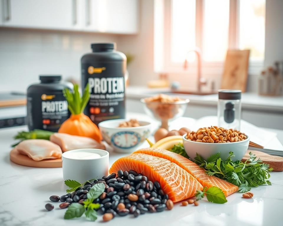 A clean, visually appealing kitchen countertop featuring an array of protein-rich foods for muscle maintenance. In the foreground, vibrant, fresh ingredients like chicken breasts, salmon fillets, lentils, and black beans are artfully arranged alongside protein powder containers and a shaker bottle. In the middle ground, a stylish bowl holds mixed nuts and yogurt, with a measuring scale and cookbook emphasizing healthy recipes nearby. The background showcases a well-lit kitchen with soft, natural lighting filtering through a window, creating a warm and inviting atmosphere. The scene captures a sense of health, nutrition, and vitality, encouraging an active lifestyle, particularly for those over 50, while maintaining a professional and polished presentation. A clean, visually appealing kitchen countertop featuring an array of protein-rich foods for muscle maintenance. In the foreground, vibrant, fresh ingredients like chicken breasts, salmon fillets, lentils, and black beans are artfully arranged alongside protein powder containers and a shaker bottle. In the middle ground, a stylish bowl holds mixed nuts and yogurt, with a measuring scale and cookbook emphasizing healthy recipes nearby. The background showcases a well-lit kitchen with soft, natural lighting filtering through a window, creating a warm and inviting atmosphere. The scene captures a sense of health, nutrition, and vitality, encouraging an active lifestyle, particularly for those over 50, while maintaining a professional and polished presentation.