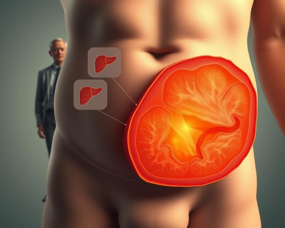 A close-up illustration of visceral fat, depicted as a cross-section of a human abdomen, emphasizing the accumulation of fat around internal organs. The foreground features a detailed slice of the abdomen with highlighted visceral fat deposits in a subtle, warm color palette to convey a sense of urgency and health risk. In the middle, soft medical diagrams show the organs affected by visceral fat, like the liver and heart, rendered in a semi-transparent style for educational clarity. The background includes a faint anatomical silhouette of an aging individual in modest, professional attire, representing the demographic affected by this health issue. The lighting is soft and clinical, creating a somber and informative atmosphere, captured from an overhead angle to provide a comprehensive view of the risks associated with visceral fat.