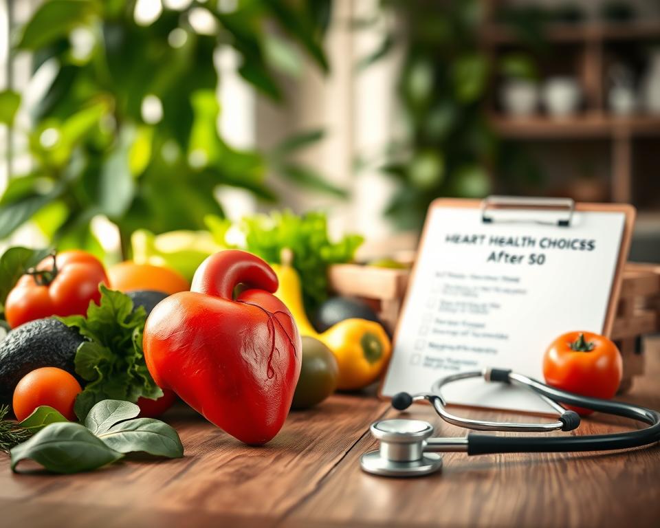 A close-up view of a healthy heart depicted against a backdrop of vibrant green foliage, symbolizing vitality and wellness. In the foreground, a heart sits on a wooden table, surrounded by an array of fresh fruits and vegetables, including tomatoes, avocados, and leafy greens, to emphasize a heart-healthy diet. In the middle ground, a stethoscope is elegantly coiled next to a notepad with a heart health checklist, signifying proactive health management. The background features a softly illuminated room with natural light filtering through a window, creating a warm and inviting atmosphere. The overall mood is one of encouragement and positivity, reflecting the theme of making healthy choices for heart health after 50. The lens should provide a slight depth of field, focusing on the heart and food, while softly blurring the background to draw attention to the foreground elements.