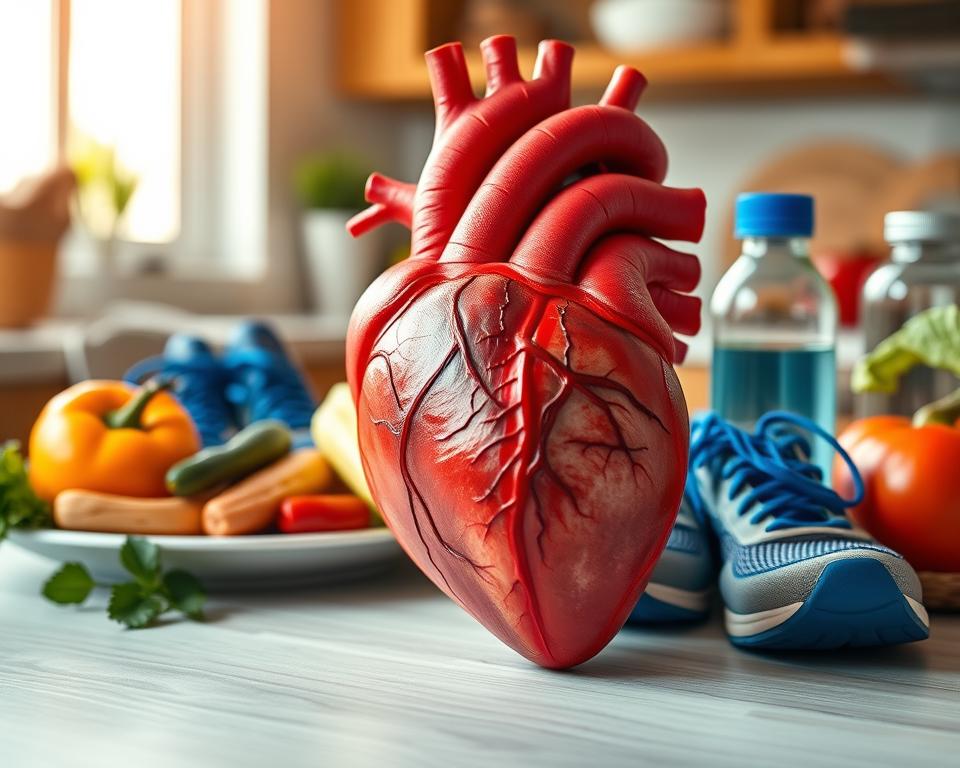 A close-up view of a human heart, depicted in vivid detail, with visible arteries and veins illustrating the effects of heart disease. Surround the heart with elements symbolizing healthy lifestyle choices: a plate of colorful fruits and vegetables, a pair of running shoes, and a water bottle. The background should be softly blurred, featuring a warm, inviting home kitchen environment to evoke a sense of comfort and wellness. Use natural lighting to enhance the freshness of the food and the heart's anatomical features. The overall mood should be hopeful and encouraging, suggesting that heart health can be positively influenced by diet and lifestyle changes. Ensure the heart is anatomically accurate, and focus on a balanced composition. A close-up view of a human heart, depicted in vivid detail, with visible arteries and veins illustrating the effects of heart disease. Surround the heart with elements symbolizing healthy lifestyle choices: a plate of colorful fruits and vegetables, a pair of running shoes, and a water bottle. The background should be softly blurred, featuring a warm, inviting home kitchen environment to evoke a sense of comfort and wellness. Use natural lighting to enhance the freshness of the food and the heart's anatomical features. The overall mood should be hopeful and encouraging, suggesting that heart health can be positively influenced by diet and lifestyle changes. Ensure the heart is anatomically accurate, and focus on a balanced composition.