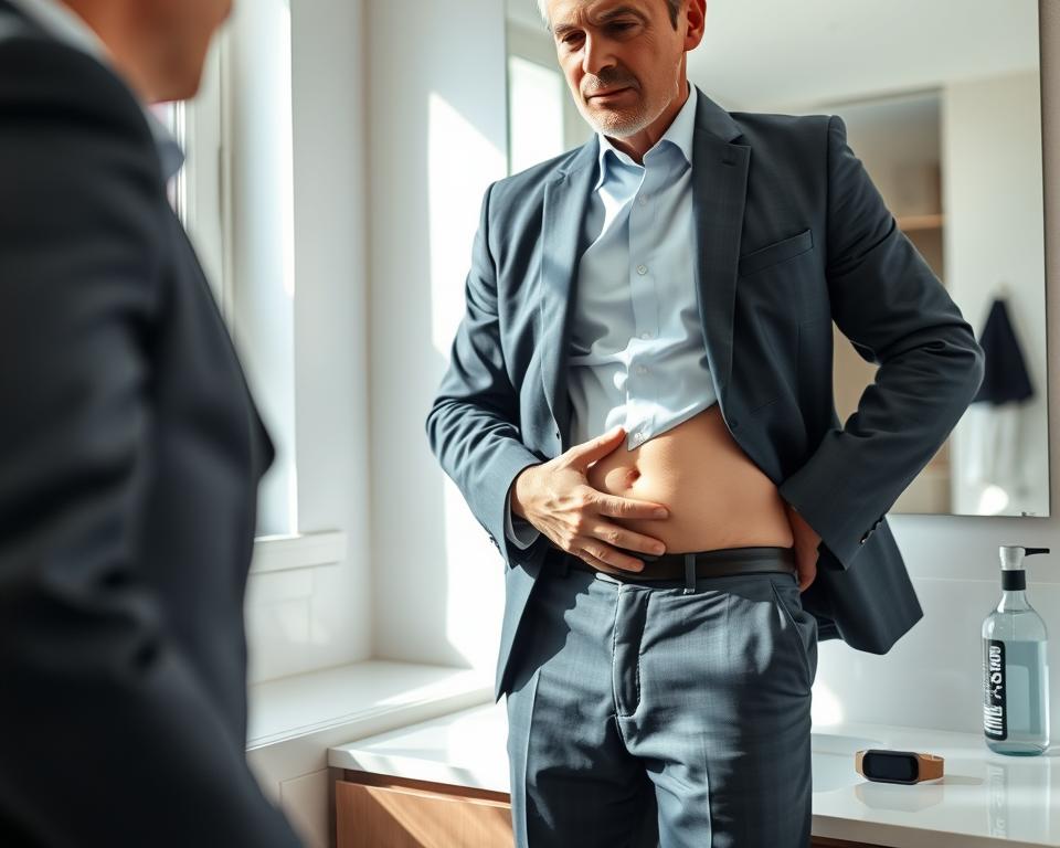 A close-up view of a mature individual in professional attire standing in front of a mirror, gently touching their midsection. The focus is on the area around the waist, showcasing the visible accumulation of belly fat, illuminated by soft natural light from a nearby window. The setting is a modern bathroom with neutral tones and minimalist design. Reflections in the mirror subtly highlight the individual’s expression—contemplative and aware of their health journey. The background features a clean, well-organized countertop with health-related items like a fitness tracker and a water bottle, suggesting an intention to focus on wellness. The mood is one of determination and introspection, while maintaining a respectful and professional visual tone.