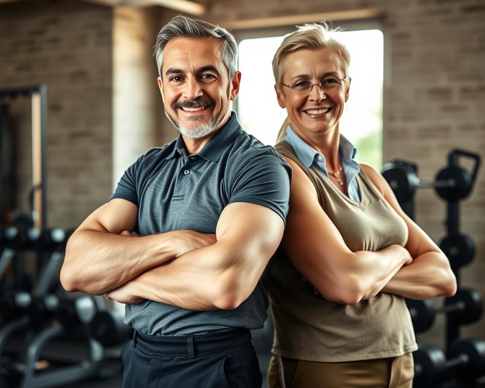 A close-up view of a middle-aged man and woman in smart casual attire, showcasing their toned arms and strong postures, symbolizing healthy muscle mass. The foreground features their confident expressions, emphasizing strength and vitality. In the background, soft-focus weights and exercise equipment create an inspiring workout atmosphere, representing active lifestyles after 50. Natural light streams from a nearby window, illuminating the subjects and highlighting their muscular definition. The image captures a warm, motivating mood, inspiring viewers to embrace strength training and healthy habits. The composition should feel dynamic and empowering, encouraging the importance of maintaining muscle health against sarcopenia as one ages.