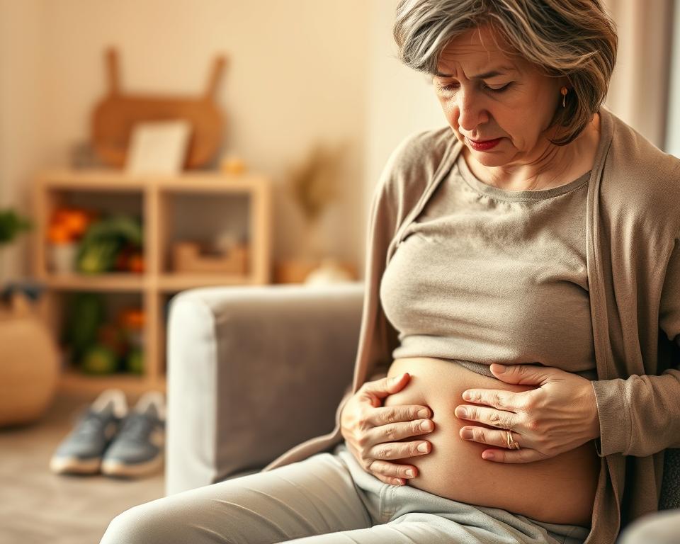 A close-up view of a middle-aged woman looking concerned while examining her abdominal area, symbolizing menopause visceral fat. She is dressed in modest casual clothing, sitting in a softly lit, neutral-toned room that conveys a sense of calm and introspection. The lighting is warm and gentle, creating a reflective mood. In the background, soft-focus elements such as healthy food options and a pair of walking shoes hint at lifestyle choices. The composition should evoke both vulnerability and strength, highlighting the biological connection between menopause and metabolic health. Capture the image with a shallow depth of field to emphasize the subject while subtly integrating the environment. A close-up view of a middle-aged woman looking concerned while examining her abdominal area, symbolizing menopause visceral fat. She is dressed in modest casual clothing, sitting in a softly lit, neutral-toned room that conveys a sense of calm and introspection. The lighting is warm and gentle, creating a reflective mood. In the background, soft-focus elements such as healthy food options and a pair of walking shoes hint at lifestyle choices. The composition should evoke both vulnerability and strength, highlighting the biological connection between menopause and metabolic health. Capture the image with a shallow depth of field to emphasize the subject while subtly integrating the environment.