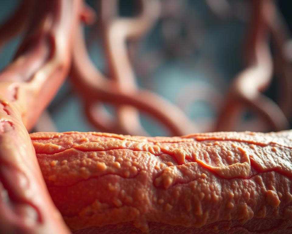 A close-up view of aged human arteries, showcasing the effects of aging and plaque buildup. In the foreground, a detailed cross-section of a thickened, veins with a slightly yellowish hue, textured with visible deposits and narrowing of the vessel walls, indicating reduced blood flow. The middle ground features a softly blurred background of healthy arteries to contrast the aging effects, illuminated by gentle, natural lighting that highlights the textures and colors of the arteries. Use a macro lens effect to enhance the details, while creating a somber, educational mood. The atmosphere should convey a sense of urgency for understanding vascular health, without showing any human subjects, ensuring a professional and scientific representation. A close-up view of aged human arteries, showcasing the effects of aging and plaque buildup. In the foreground, a detailed cross-section of a thickened, veins with a slightly yellowish hue, textured with visible deposits and narrowing of the vessel walls, indicating reduced blood flow. The middle ground features a softly blurred background of healthy arteries to contrast the aging effects, illuminated by gentle, natural lighting that highlights the textures and colors of the arteries. Use a macro lens effect to enhance the details, while creating a somber, educational mood. The atmosphere should convey a sense of urgency for understanding vascular health, without showing any human subjects, ensuring a professional and scientific representation.