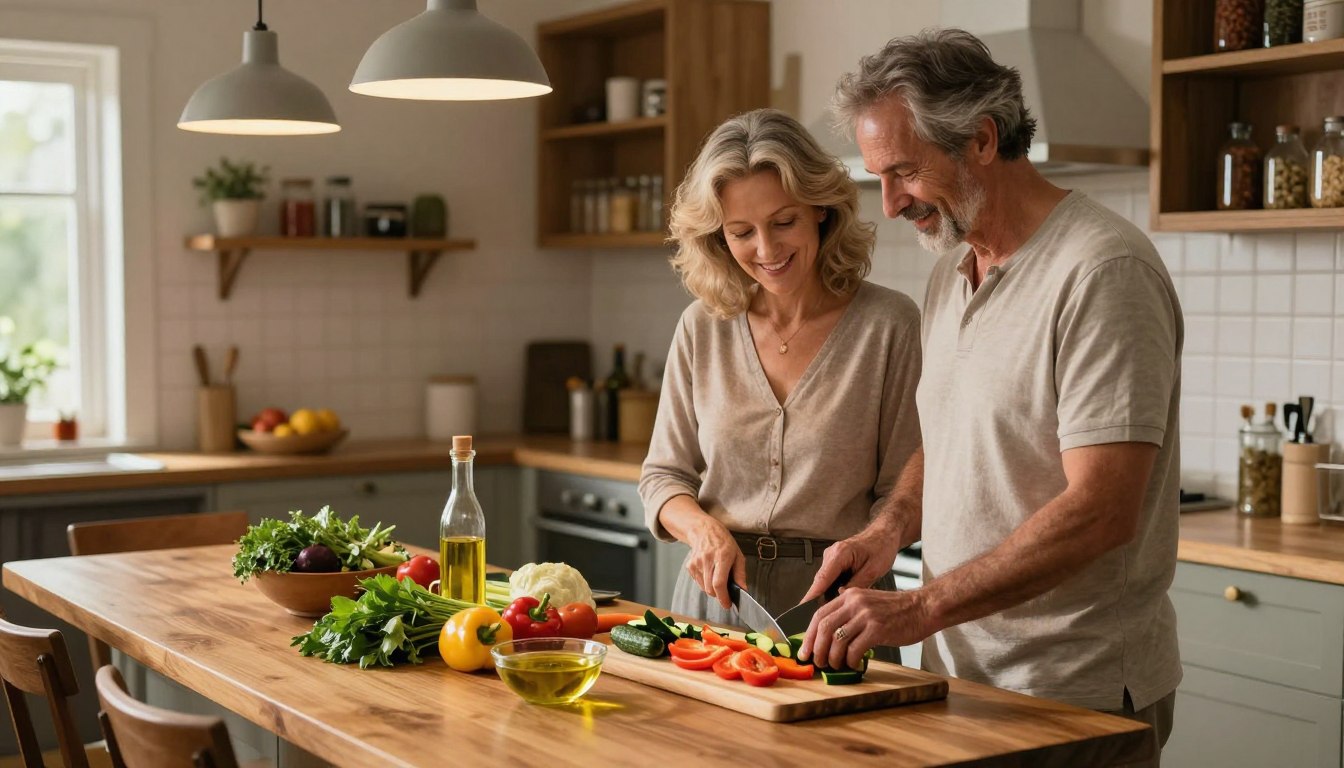 A cozy, inviting kitchen scene featuring a realistic healthy adult couple aged 50+, casually preparing a Mediterranean dinner together. In the foreground, the couple stands at a wooden kitchen island, chopping colorful vegetables like bell peppers, tomatoes, and cucumbers. The middle ground showcases a beautifully set dining table adorned with fresh herbs and a bowl of olive oil. In the background, the kitchen is warmly lit with soft pendant lights, highlighting a rustic backsplash and shelves filled with spices and cookbooks. The atmosphere conveys a sense of camaraderie and healthy living, with natural light filtering through a window, creating a rich, warm ambiance. The image captures the essence of healthy eating habits and portion control, making it ideal for illustrating the importance of meal preparation to curb nighttime snacking. A cozy, inviting kitchen scene featuring a realistic healthy adult couple aged 50+, casually preparing a Mediterranean dinner together. In the foreground, the couple stands at a wooden kitchen island, chopping colorful vegetables like bell peppers, tomatoes, and cucumbers. The middle ground showcases a beautifully set dining table adorned with fresh herbs and a bowl of olive oil. In the background, the kitchen is warmly lit with soft pendant lights, highlighting a rustic backsplash and shelves filled with spices and cookbooks. The atmosphere conveys a sense of camaraderie and healthy living, with natural light filtering through a window, creating a rich, warm ambiance. The image captures the essence of healthy eating habits and portion control, making it ideal for illustrating the importance of meal preparation to curb nighttime snacking.