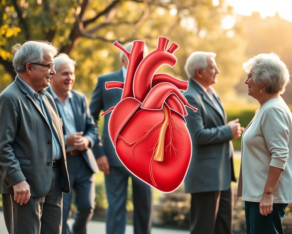 A detailed, educational illustration of cardiovascular changes after the age of fifty. In the foreground, a diverse group of older adults, both men and women, dressed in business casual attire, engage in conversations about health. In the middle ground, a heart diagram showcases arteries, with a focus on healthy vs. narrowed arteries, highlighting the effects of aging. The background features a serene outdoor setting, suggesting a park or garden environment, with soft, natural lighting creating a warm, inviting atmosphere. Use a slightly elevated perspective, capturing all three layers harmoniously. The mood should evoke a sense of optimism, encouraging healthy discussions about cardiovascular health.