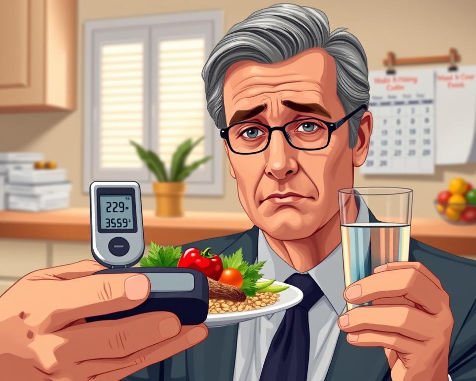 A detailed illustration of the signs of prediabetes for an educational article. In the foreground, depict a close-up of a middle-aged individual, dressed in professional business attire, showing concern while looking at a blood sugar monitor. Their expression reflects mild worry but determination. In the middle ground, visualize a balanced plate with whole grains, colorful vegetables, and a glass of water, symbolizing healthy eating choices. In the background, softly lit, a kitchen setting with nutritional pamphlets and a calendar marked with routine health check-ups. The lighting is warm and inviting, evoking a hopeful atmosphere toward health management. Use a shallow depth of field to focus on the individual and the plate, creating a sense of intimacy and urgency in understanding prediabetes. A detailed illustration of the signs of prediabetes for an educational article. In the foreground, depict a close-up of a middle-aged individual, dressed in professional business attire, showing concern while looking at a blood sugar monitor. Their expression reflects mild worry but determination. In the middle ground, visualize a balanced plate with whole grains, colorful vegetables, and a glass of water, symbolizing healthy eating choices. In the background, softly lit, a kitchen setting with nutritional pamphlets and a calendar marked with routine health check-ups. The lighting is warm and inviting, evoking a hopeful atmosphere toward health management. Use a shallow depth of field to focus on the individual and the plate, creating a sense of intimacy and urgency in understanding prediabetes.