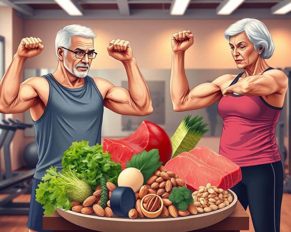A detailed illustration showcasing the concept of muscle mass in the context of aging. In the foreground, feature an older adult male and female engaging in strength training exercises, wearing modest athletic clothing. Their muscular definition should be highlighted, symbolizing vitality and the fight against age-related muscle loss. In the middle, display a variety of nutritious foods like lean proteins, leafy greens, and nuts, alluding to healthy eating habits. The background should blend a calm fitness studio with warm, soft lighting, creating an encouraging atmosphere. Use a slightly elevated angle to capture both the participants and the food, while focusing on rich, vibrant colors that convey a sense of health and vigor.