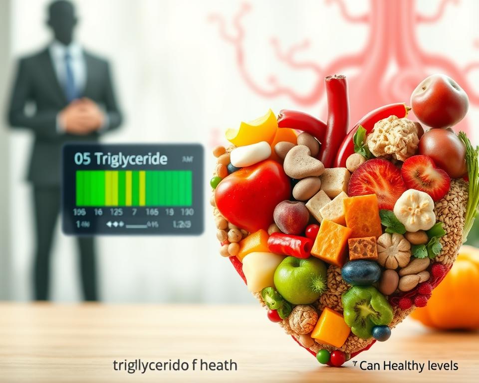 A detailed, informative infographic representing triglyceride levels in relation to heart health. In the foreground, a heart shape made of vibrant fruits, vegetables, and whole grains symbolizes healthy lifestyle choices. In the middle, a digital display or gauge accurately depicting various triglyceride levels, with color gradients from green to red to indicate healthy to unhealthy ranges. In the background, a subtle, abstract representation of blood vessels and a human silhouette in professional business attire, emphasizing the importance of monitoring heart health. Soft, natural lighting creates an inviting atmosphere, while a shallow depth of field focuses on the heart-shaped food design. The overall mood should be educational and motivational, encouraging healthier choices.