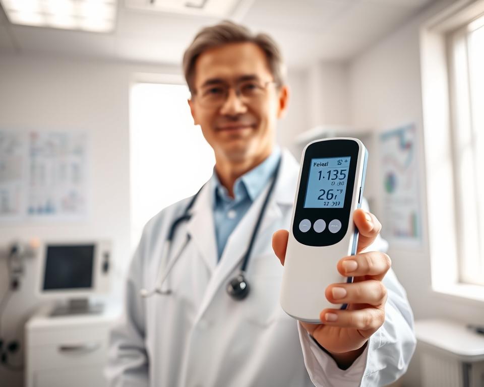 A healthcare professional, dressed in a crisp white lab coat, stands in a brightly lit medical office, holding a digital blood sugar monitor with a glowing screen. The background features modern medical equipment and charts on the walls, emphasizing a clean and organized environment. In the foreground, the monitor displays clear, vivid readings that represent early detection insights. Soft, natural light streams through a window, creating a warm and inviting atmosphere that conveys hope and proactive health management. The angle captures the professional's focused expression, highlighting the importance of early detection in maintaining health, particularly for those over 50. The overall mood should inspire confidence and awareness about blood sugar monitoring. A healthcare professional, dressed in a crisp white lab coat, stands in a brightly lit medical office, holding a digital blood sugar monitor with a glowing screen. The background features modern medical equipment and charts on the walls, emphasizing a clean and organized environment. In the foreground, the monitor displays clear, vivid readings that represent early detection insights. Soft, natural light streams through a window, creating a warm and inviting atmosphere that conveys hope and proactive health management. The angle captures the professional's focused expression, highlighting the importance of early detection in maintaining health, particularly for those over 50. The overall mood should inspire confidence and awareness about blood sugar monitoring.