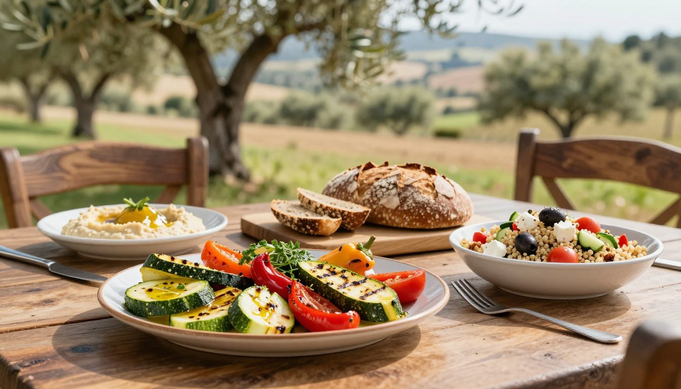 A rustic Mediterranean dining table set outdoors under soft, natural sunlight, showcasing an array of satisfying healthy meals. In the foreground, a vibrant platter filled with grilled vegetables, including zucchini and bell peppers, drizzled with olive oil and topped with fresh herbs. Beside it, a bowl of quinoa salad mixed with cherry tomatoes, cucumber, olives, and feta cheese. In the middle ground, a wholesome whole grain loaf of bread accompanied by a small dish of hummus. In the background, olive trees sway gently, hinting at a peaceful countryside atmosphere, with soft-focus distant hills. The overall mood is warm and inviting, emphasizing comfort and satisfaction with a touch of Mediterranean charm, all presented beautifully without any text or distractions.