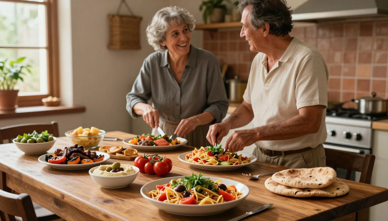 A rustic Mediterranean kitchen scene, featuring a wooden table laden with a colorful spread of comfort food. In the foreground, a simple dish of Mediterranean-inspired pasta topped with fresh herbs, tomatoes, and olives is presented alongside a small bowl of hummus and pita. Simple substitutions like roasted vegetables replace protein-rich meats. In the middle of the image, a pair of realistic healthy adults aged 50+, dressed in modest casual clothing, are preparing food together, smiling and engaging in conversation. The background showcases soft, warm lighting filtering through a window, illuminating terracotta tiles and plants, evoking a cozy, inviting atmosphere. The overall mood is one of warmth and friendly collaboration, highlighting the joy of cooking together while illustrating the concept of healthy Mediterranean comfort food. A rustic Mediterranean kitchen scene, featuring a wooden table laden with a colorful spread of comfort food. In the foreground, a simple dish of Mediterranean-inspired pasta topped with fresh herbs, tomatoes, and olives is presented alongside a small bowl of hummus and pita. Simple substitutions like roasted vegetables replace protein-rich meats. In the middle of the image, a pair of realistic healthy adults aged 50+, dressed in modest casual clothing, are preparing food together, smiling and engaging in conversation. The background showcases soft, warm lighting filtering through a window, illuminating terracotta tiles and plants, evoking a cozy, inviting atmosphere. The overall mood is one of warmth and friendly collaboration, highlighting the joy of cooking together while illustrating the concept of healthy Mediterranean comfort food.