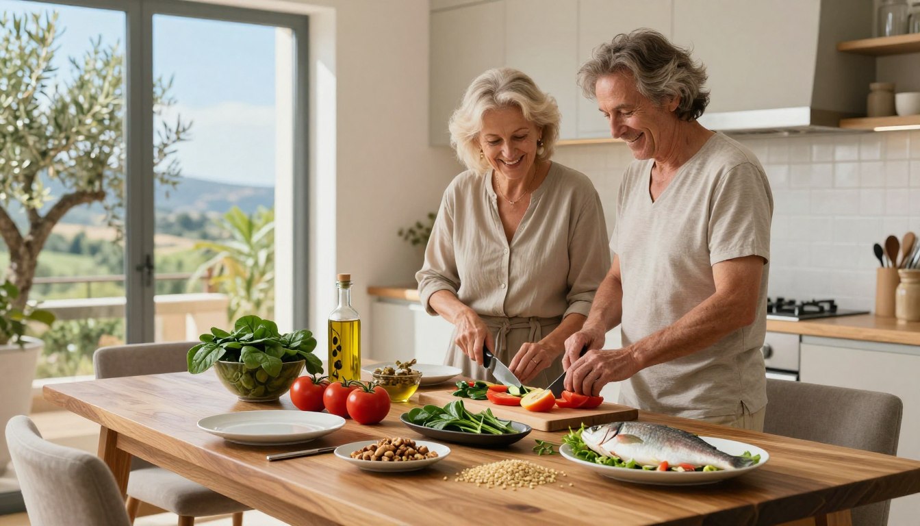 A serene Mediterranean kitchen scene showcasing a healthy meal for brain health. In the foreground, an elegant wooden table is adorned with a colorful spread of fresh Mediterranean ingredients: vibrant tomatoes, leafy green spinach, olive oil in a decorative bottle, nuts, whole grains, and fresh fish, artfully arranged on stylish plates. In the middle, a group of two healthy adults aged 50 and above, one man and one woman, are preparing the meal together, dressed in modest casual clothing. They display joyful expressions while chopping vegetables. In the background, large windows let in soft, natural light, highlighting the Mediterranean landscape outside with olive trees and a clear blue sky. The atmosphere is warm, inviting, and infused with a sense of well-being.