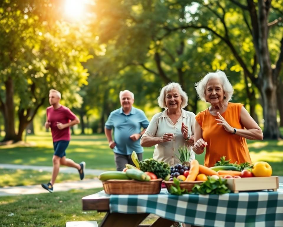 A serene and informative scene depicting essential steps for heart health, featuring a vibrant, lush park as the background. In the foreground, a group of diverse adults, aged 50 and above, are engaged in heart-healthy activities: one person is jogging, another is practicing yoga, and a third is preparing a nutritious meal with colorful fruits and vegetables displayed on a picnic table. The sunlight filters through the trees, casting a warm, inviting glow on their faces. Use a wide-angle lens to capture the dynamic interactions between the participants while maintaining a soft focus on the background. The mood should be uplifting and motivational, encouraging viewers to embrace a healthy lifestyle. A serene and informative scene depicting essential steps for heart health, featuring a vibrant, lush park as the background. In the foreground, a group of diverse adults, aged 50 and above, are engaged in heart-healthy activities: one person is jogging, another is practicing yoga, and a third is preparing a nutritious meal with colorful fruits and vegetables displayed on a picnic table. The sunlight filters through the trees, casting a warm, inviting glow on their faces. Use a wide-angle lens to capture the dynamic interactions between the participants while maintaining a soft focus on the background. The mood should be uplifting and motivational, encouraging viewers to embrace a healthy lifestyle.