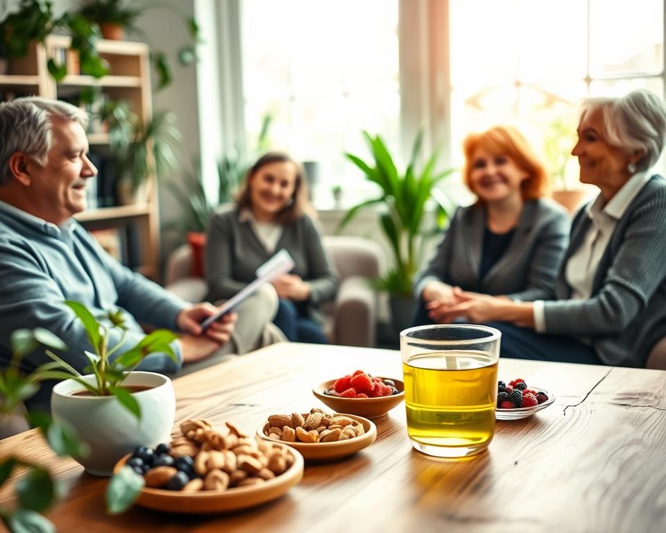 A serene and inviting scene illustrating brain health after fifty. In the foreground, a diverse group of three adults in their fifties—one man and two women—are sitting in a cozy, well-lit room filled with plants and books. They are engaging in a lively discussion, each dressed in smart casual attire. In the middle ground, a wooden table showcases healthy snacks like nuts, berries, and green tea, symbolizing a brain-healthy lifestyle. The background features a soft-focus view of a window with natural sunlight streaming in, adding warmth to the atmosphere. The overall mood is encouraging and hopeful, highlighting the importance of maintaining cognitive health with age. Use soft, diffused lighting to create a welcoming ambiance, shot at eye level to capture the sense of connection among the individuals.