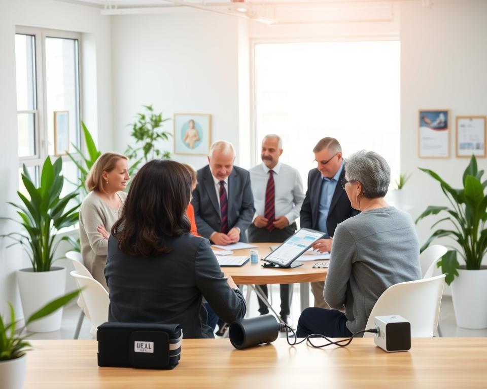 A serene and inviting scene illustrating the concept of healthy blood pressure habits for people over 50. In the foreground, a diverse group of individuals, dressed in professional business attire, are gathered around a table engaged in a friendly discussion about health, with charts and models of a blood pressure cuff. In the middle ground, a light, modern office environment with plants and health-related posters on the walls, creating an atmosphere of wellness. In the background, soft, natural lighting filters through large windows, enhancing a sense of calm and optimism. The overall mood is uplifting and informative, encouraging positive lifestyle changes and fostering a supportive community surrounding health management. A serene and inviting scene illustrating the concept of healthy blood pressure habits for people over 50. In the foreground, a diverse group of individuals, dressed in professional business attire, are gathered around a table engaged in a friendly discussion about health, with charts and models of a blood pressure cuff. In the middle ground, a light, modern office environment with plants and health-related posters on the walls, creating an atmosphere of wellness. In the background, soft, natural lighting filters through large windows, enhancing a sense of calm and optimism. The overall mood is uplifting and informative, encouraging positive lifestyle changes and fostering a supportive community surrounding health management.