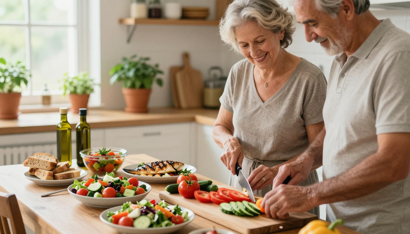 A serene kitchen scene featuring healthy adults aged 50 and above, engaged in preparing Mediterranean dishes. In the foreground, a diverse couple, dressed in modest casual clothing, is happily cutting fresh vegetables like tomatoes, cucumbers, and bell peppers on a wooden chopping board. The middle ground showcases a beautifully arranged dining table with colorful Mediterranean dishes, including a vibrant Greek salad, grilled fish, and whole grain bread. In the background, soft natural lighting streams through a window, illuminating pots of herbs and olive oil bottles on the counter. The atmosphere feels warm and inviting, emphasizing a lifestyle centered around healthy eating and community. No text, captions, or distractions, just a focus on nutritious ingredients and the joy of cooking together. A serene kitchen scene featuring healthy adults aged 50 and above, engaged in preparing Mediterranean dishes. In the foreground, a diverse couple, dressed in modest casual clothing, is happily cutting fresh vegetables like tomatoes, cucumbers, and bell peppers on a wooden chopping board. The middle ground showcases a beautifully arranged dining table with colorful Mediterranean dishes, including a vibrant Greek salad, grilled fish, and whole grain bread. In the background, soft natural lighting streams through a window, illuminating pots of herbs and olive oil bottles on the counter. The atmosphere feels warm and inviting, emphasizing a lifestyle centered around healthy eating and community. No text, captions, or distractions, just a focus on nutritious ingredients and the joy of cooking together.