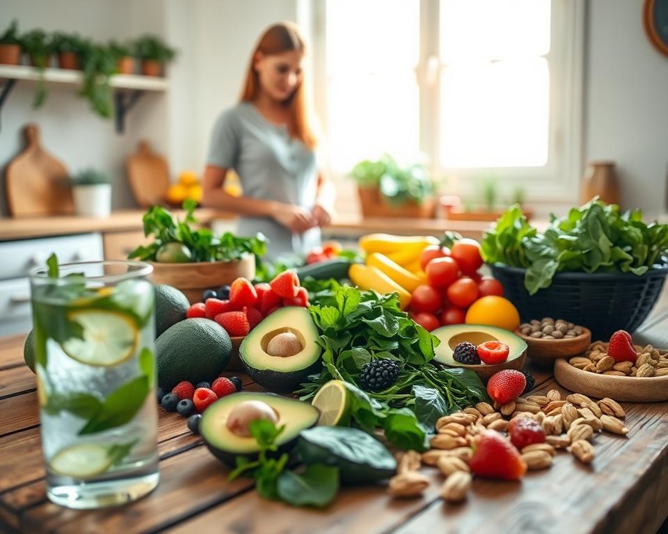 A serene kitchen scene illuminated by soft, natural light filtering through a window, showcasing a vibrant array of fresh fruits and vegetables, such as avocados, berries, leafy greens, and nuts, arranged on a rustic wooden table. In the foreground, a glass of infused water with lemon and mint adds freshness. In the background, a small herb garden is visible, suggesting a holistic approach to health. A well-dressed woman in modest casual clothing prepares a healthy meal, embodying mindfulness and vitality. The overall atmosphere should evoke a sense of calmness and intentional living, with a focus on wholesome food choices promoting lower triglyceride levels naturally. The composition should feel balanced, inviting viewers to embrace a healthier lifestyle.