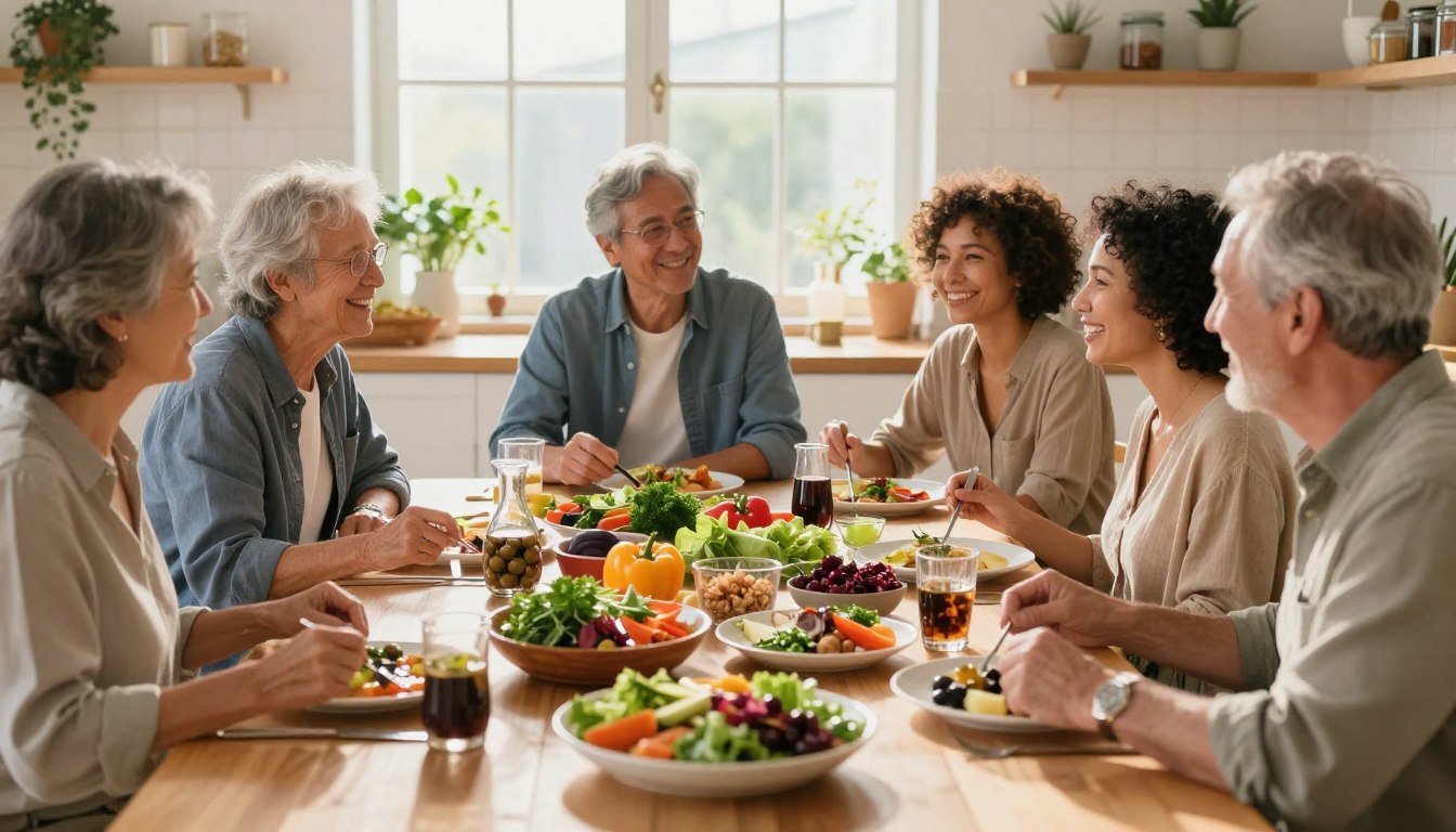 A serene kitchen setting featuring a vibrant, inviting spread of Mediterranean meals, emphasizing brain-healthy ingredients such as olives, fish, leafy greens, and nuts. In the foreground, a realistic group of diverse adults aged 50+ is gathered around a beautifully set dining table, showcasing joyful interaction as they discuss nutrition. The middle ground includes richly colored dishes, showcasing fresh vegetables and herbs, highlighting the Mediterranean diet’s appeal. In the background, large windows allow warm sunlight to stream in, creating a bright and uplifting atmosphere. The scene captures an essence of health, vibrancy, and community. The lighting is soft and natural, enhancing the colors of the food. The image should convey warmth and a sense of well-being.