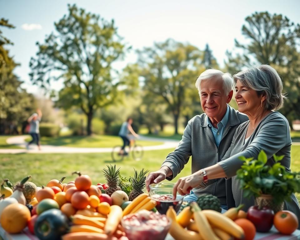 A serene outdoor scene depicting a middle-aged couple engaging in activities promoting health and wellness. In the foreground, the couple, dressed in comfortable yet professional casual attire, are joyfully preparing a colorful array of fresh fruits and vegetables on a picnic table, symbolizing a healthy diet. In the middle ground, a peaceful park setting is visible, with green trees and a walking path where other individuals are performing light exercises, such as yoga and cycling. In the background, a clear blue sky illuminates the scene with soft natural lighting, creating an inviting atmosphere. The overall mood is uplifting and encouraging, reflecting the concept of a "midlife health reset" and the importance of lifestyle changes after 50. A serene outdoor scene depicting a middle-aged couple engaging in activities promoting health and wellness. In the foreground, the couple, dressed in comfortable yet professional casual attire, are joyfully preparing a colorful array of fresh fruits and vegetables on a picnic table, symbolizing a healthy diet. In the middle ground, a peaceful park setting is visible, with green trees and a walking path where other individuals are performing light exercises, such as yoga and cycling. In the background, a clear blue sky illuminates the scene with soft natural lighting, creating an inviting atmosphere. The overall mood is uplifting and encouraging, reflecting the concept of a "midlife health reset" and the importance of lifestyle changes after 50.