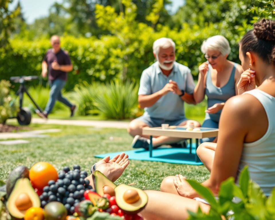 A serene scene depicting a diverse group of individuals over 50 engaged in activities that promote brain health. In the foreground, a thoughtful woman of Asian descent meditates on a yoga mat, surrounded by colorful brain-boosting fruits and vegetables, such as blueberries and avocados. In the middle ground, a mixed group of both men and women, including a Black man and a Hispanic woman, share a light-hearted conversation while playing a strategy board game. The background features a lush garden with exercise equipment subtly integrated, like a walking path and open green space for activities. The lighting is bright and natural, emphasizing the warm, inviting atmosphere of a sunny day. The composition evokes a sense of community, joy, and active engagement with life, symbolizing the pursuit of a lower dementia risk lifestyle.