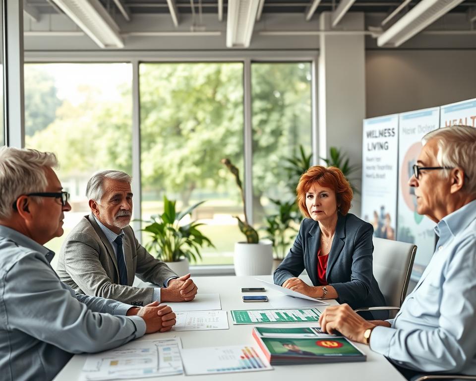 A thoughtful and professional scene depicting the impact of chronic conditions on health, featuring a diverse group of adults aged 50 and above engaged in a discussion within a modern, bright office environment. In the foreground, there are two men and two women in professional attire, sharing experiences while seated around a conference table filled with health charts and wellness pamphlets. The middle ground shows a large, well-lit window revealing a serene park, symbolizing hope and health. The background features indoor plants and motivational posters about healthy living. The atmosphere is one of collaboration and awareness, with soft, natural lighting emphasizing the importance of preventive health. The angle captures the participants' expressions, conveying concern and determination without including any text or branding elements.