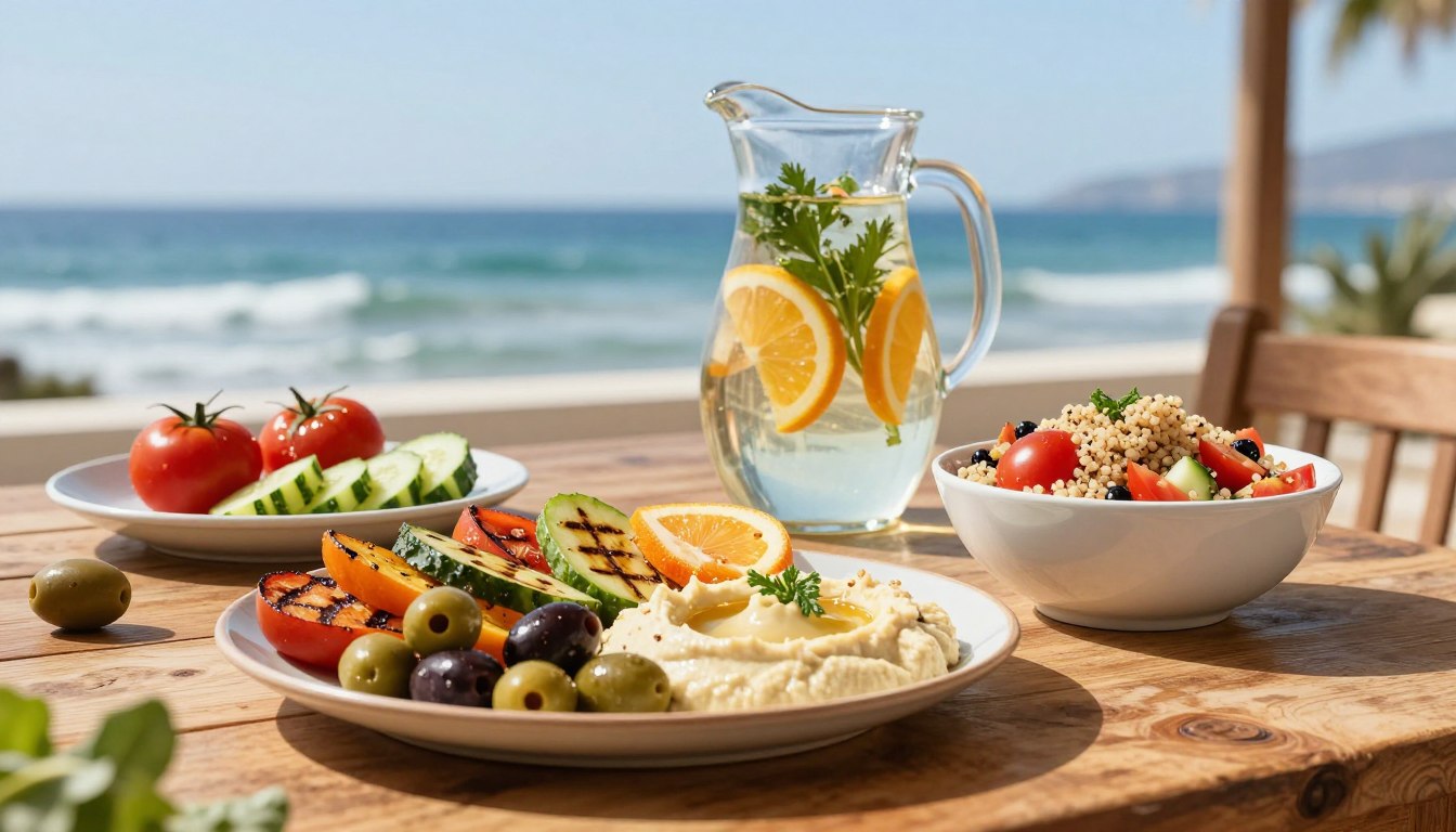 A vibrant Mediterranean diet spread on a rustic wooden table, showcasing a colorful array of fresh ingredients. In the foreground, a beautifully arranged platter of grilled vegetables, olives, and hummus, alongside a bowl of quinoa salad with tomatoes and cucumbers. The middle ground features a glass pitcher of infused water with citrus slices and fresh herbs. In the background, an inviting seaside view with gentle waves and a clear blue sky, evoking a sense of tranquility. Soft, warm lighting enhances the freshness of the food, casting gentle shadows. The scene conveys a serene, healthy lifestyle for adults 50+, emphasizing enjoyment and simplicity in eating well, reflecting the Mediterranean-style solution for weight maintenance.