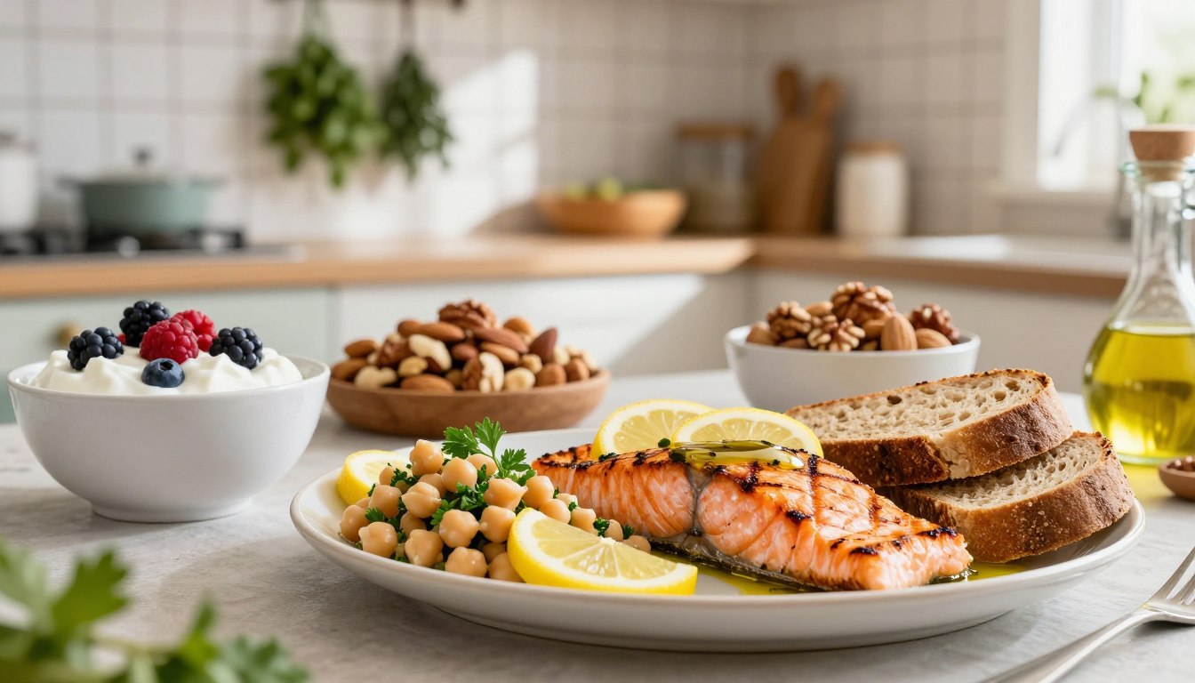 A vibrant Mediterranean table setting features a variety of healthy protein sources and healthy fats. In the foreground, a beautifully arranged platter displays grilled salmon fillets garnished with lemon slices, chickpea salad adorned with parsley, and artisanal whole grain bread drizzled with olive oil. The middle ground includes bowls of Greek yogurt topped with fresh berries and a rich assortment of nuts like almonds and walnuts. In the background, a sunlit kitchen with tiled walls and herbs hanging from hooks adds a warm and inviting atmosphere. The scene is captured with soft natural lighting, emphasizing the freshness of the food and creating an inviting, nutritious mood. A shallow depth of field focuses on the food while the background softly blurs, enhancing the visual appeal of the Mediterranean diet feast.