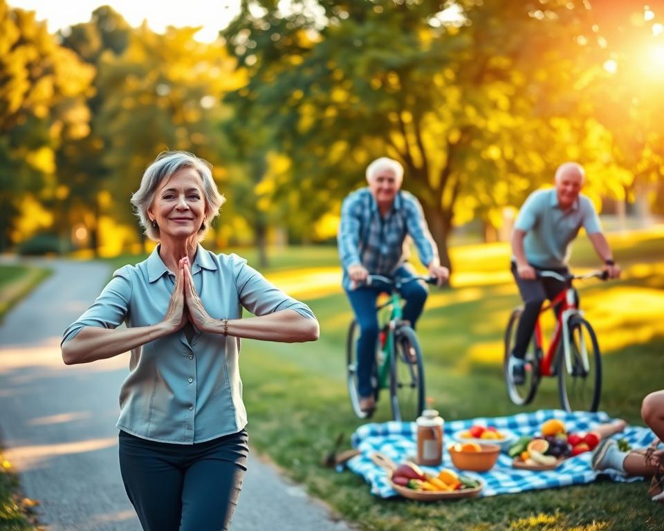 A vibrant and uplifting scene depicting a diverse group of individuals over 50 engaged in healthy lifestyle activities. In the foreground, a middle-aged woman in professional casual attire is practicing yoga in a sunlit park, showcasing balance and tranquility. Beside her, a man is biking along a scenic path, showcasing mobility and vitality. In the middle ground, a small group shares a healthy picnic on a picnic blanket, filled with fresh fruits and vegetables, symbolizing community and wellness. The background features lush greenery and trees bathed in warm, golden sunlight, creating a serene and inviting atmosphere. The image should evoke feelings of energy, hope, and positivity, with a focus on harmony and wellness in later life. Use soft, natural lighting to highlight the subjects and create an inspiring, motivating ambiance. A vibrant and uplifting scene depicting a diverse group of individuals over 50 engaged in healthy lifestyle activities. In the foreground, a middle-aged woman in professional casual attire is practicing yoga in a sunlit park, showcasing balance and tranquility. Beside her, a man is biking along a scenic path, showcasing mobility and vitality. In the middle ground, a small group shares a healthy picnic on a picnic blanket, filled with fresh fruits and vegetables, symbolizing community and wellness. The background features lush greenery and trees bathed in warm, golden sunlight, creating a serene and inviting atmosphere. The image should evoke feelings of energy, hope, and positivity, with a focus on harmony and wellness in later life. Use soft, natural lighting to highlight the subjects and create an inspiring, motivating ambiance.