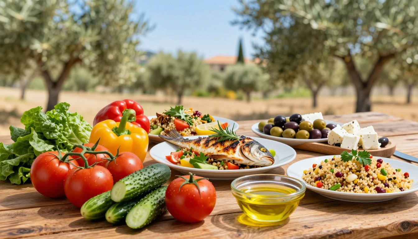 A vibrant display of Mediterranean-style meals and vegetables arranged artistically on a rustic wooden table. In the foreground, an array of colorful, fresh ingredients including ripe tomatoes, cucumbers, bell peppers, leafy greens, and a bowl of olive oil, reflecting healthy eating choices for blood pressure. The middle ground features beautifully plated dishes such as grilled fish adorned with herbs, quinoa salad, and a platter of assorted olives and feta cheese. In the background, softly blurred sunlit Mediterranean scenery with olive trees and a clear blue sky, enhancing the tranquil mood. Natural lighting creates a warm, inviting atmosphere, and the angle captures a slightly overhead view, allowing the vibrant colors and textures to pop. No human subjects are present, emphasizing the focus on the healthy food choices.