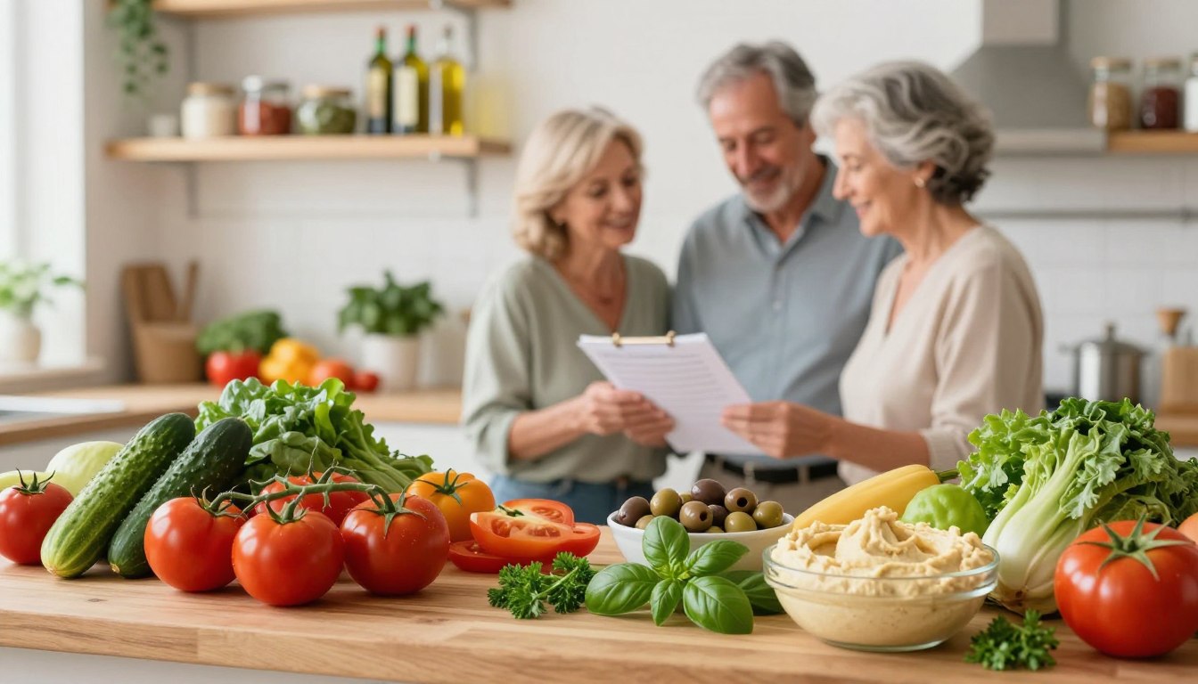A vibrant grocery display featuring a selection of Mediterranean diet ingredients aimed at beginners. In the foreground, a wooden table holds ripe tomatoes, cucumbers, olives, and bowls of hummus, with fresh basil and parsley scattered artistically. The middle ground includes a couple of healthy adults aged 50+, dressed in modest casual clothing, thoughtfully examining a shopping list while surrounded by colorful produce. The background showcases a bright, airy kitchen with wooden shelves filled with jars of olive oil and spices. Soft, natural lighting floods the scene, emphasizing the freshness of the ingredients, creating an inviting atmosphere that reflects the health-conscious Mediterranean lifestyle. A vibrant grocery display featuring a selection of Mediterranean diet ingredients aimed at beginners. In the foreground, a wooden table holds ripe tomatoes, cucumbers, olives, and bowls of hummus, with fresh basil and parsley scattered artistically. The middle ground includes a couple of healthy adults aged 50+, dressed in modest casual clothing, thoughtfully examining a shopping list while surrounded by colorful produce. The background showcases a bright, airy kitchen with wooden shelves filled with jars of olive oil and spices. Soft, natural lighting floods the scene, emphasizing the freshness of the ingredients, creating an inviting atmosphere that reflects the health-conscious Mediterranean lifestyle.