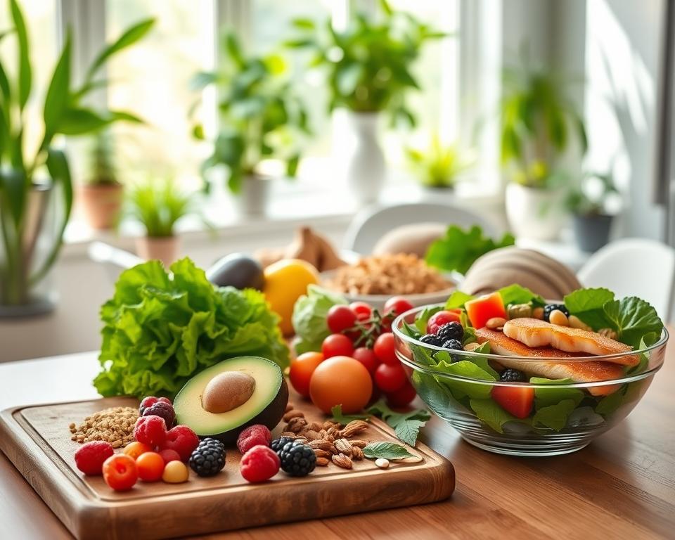 A vibrant kitchen scene showcasing a diverse assortment of heart-healthy foods emphasizing stroke risk reduction through diet. In the foreground, a wooden cutting board displays bright green leafy vegetables, ripe avocados, and colorful berries. Next to it, a glass bowl showcases a colorful salad with nuts and seeds, highlighting ideal ingredients. In the middle ground, an elegant dining table is set with dishes filled with whole grains, fish, and legumes, symbolizing a balanced diet. The background features lush indoor plants, creating a serene atmosphere. Soft natural light filters through a window, casting gentle shadows and enhancing the freshness of the ingredients. The mood is inviting and educational, appealing to adults over 50 looking to improve their dietary habits for better health outcomes. The scene should reflect a clean, modern kitchen aesthetic focused on wellness. A vibrant kitchen scene showcasing a diverse assortment of heart-healthy foods emphasizing stroke risk reduction through diet. In the foreground, a wooden cutting board displays bright green leafy vegetables, ripe avocados, and colorful berries. Next to it, a glass bowl showcases a colorful salad with nuts and seeds, highlighting ideal ingredients. In the middle ground, an elegant dining table is set with dishes filled with whole grains, fish, and legumes, symbolizing a balanced diet. The background features lush indoor plants, creating a serene atmosphere. Soft natural light filters through a window, casting gentle shadows and enhancing the freshness of the ingredients. The mood is inviting and educational, appealing to adults over 50 looking to improve their dietary habits for better health outcomes. The scene should reflect a clean, modern kitchen aesthetic focused on wellness.