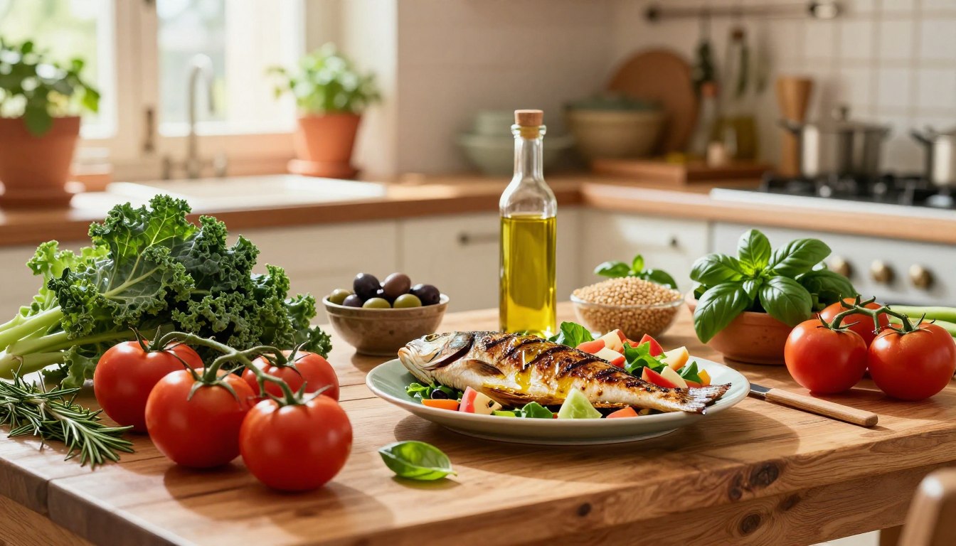 A vibrant, rustic Mediterranean kitchen scene showcasing a variety of longevity foods suitable for adults over 50. In the foreground, a beautifully arranged wooden table features fresh produce, including ripe tomatoes, leafy green kale, olives, whole grains, and vibrant herbs like rosemary and basil. A platter of grilled fish, drizzled with olive oil and accompanied by a colorful salad, sits invitingly in the middle. Background includes warm sunlight filtering through a window, with terracotta pots and hanging herbs adding a touch of authenticity. The atmosphere is cozy and inviting, suggesting a healthy lifestyle and the enjoyment of preparing nutritious meals. The entire scene is captured with soft lighting and a shallow depth of field to emphasize the freshness of the ingredients, evoking a sense of warmth and well-being. A vibrant, rustic Mediterranean kitchen scene showcasing a variety of longevity foods suitable for adults over 50. In the foreground, a beautifully arranged wooden table features fresh produce, including ripe tomatoes, leafy green kale, olives, whole grains, and vibrant herbs like rosemary and basil. A platter of grilled fish, drizzled with olive oil and accompanied by a colorful salad, sits invitingly in the middle. Background includes warm sunlight filtering through a window, with terracotta pots and hanging herbs adding a touch of authenticity. The atmosphere is cozy and inviting, suggesting a healthy lifestyle and the enjoyment of preparing nutritious meals. The entire scene is captured with soft lighting and a shallow depth of field to emphasize the freshness of the ingredients, evoking a sense of warmth and well-being.