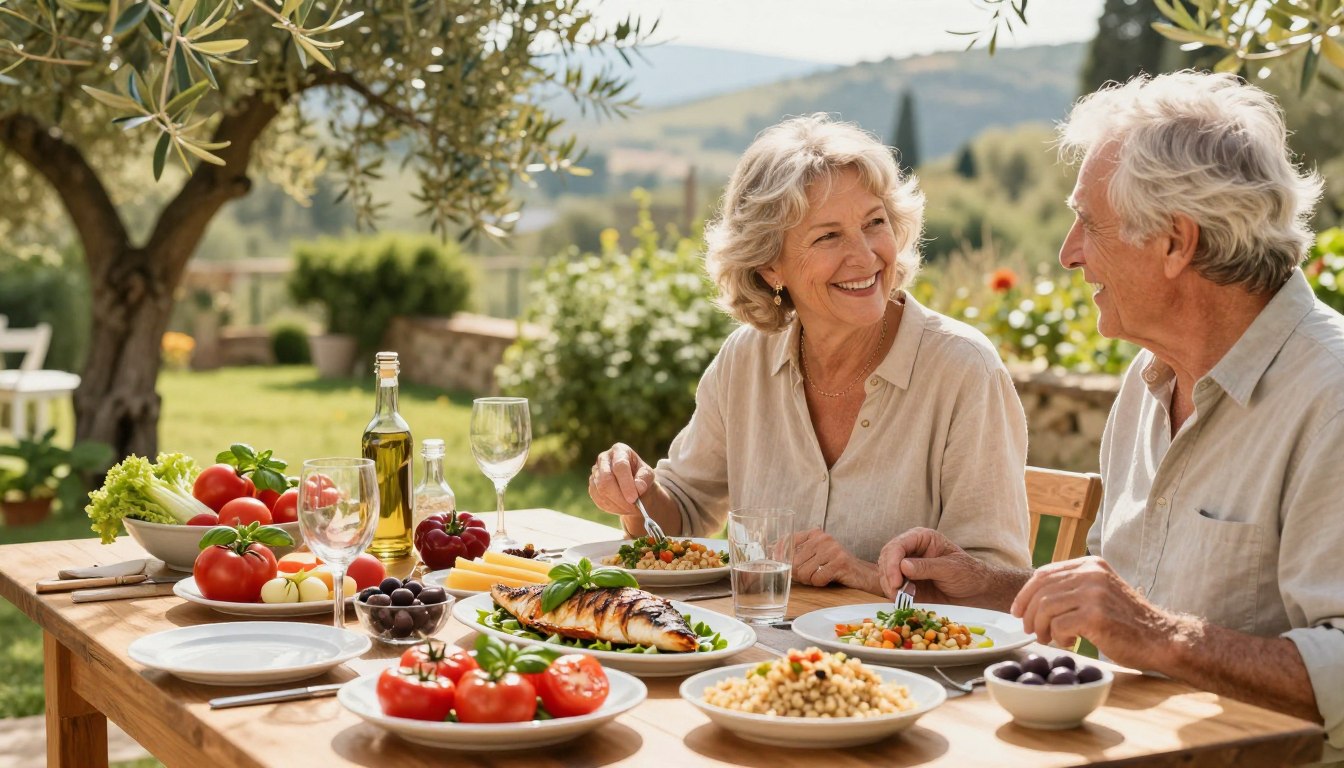 A vibrant scene showcasing a Mediterranean meal designed for adults over 50. In the foreground, a beautifully arranged wooden table filled with colorful, healthy dishes: ripe tomatoes, fresh basil, grilled fish, whole grains, olives, and a variety of seasonal vegetables. A cheerful couple in modest casual clothing joyfully interacting while sharing the meal, reflecting a sense of comfort and health. In the middle ground, a lush garden with olive trees and herbs, sunlight filtering through the leaves, creating a warm, inviting atmosphere. The background features distant hills, softly blurred to focus on the dining experience. The lighting is warm and natural, evoking a joyful ambiance, captured with a shallow depth of field to emphasize the meal and the couple.