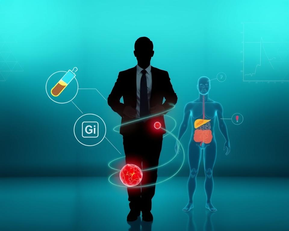 A visually striking representation of insulin resistance, featuring a central human silhouette in professional business attire, showcasing the contrasting effects of metabolic health. In the foreground, wrap around the silhouette icons representing insulin and glucose, glowing softly to illustrate their interaction. The middle ground displays anatomical illustrations of the human body and fat cells, with highlighted areas showing inflammation and glucose spikes, in soft, muted colors for clarity. The background features a gradient of cool blues and greens, suggesting a clinical, informative atmosphere. Use soft, diffused overhead lighting to create a calm and focused mood, capturing the essence of metabolic health and the complexity of insulin resistance. The composition should evoke a sense of urgency and the need for awareness without feeling overwhelming.