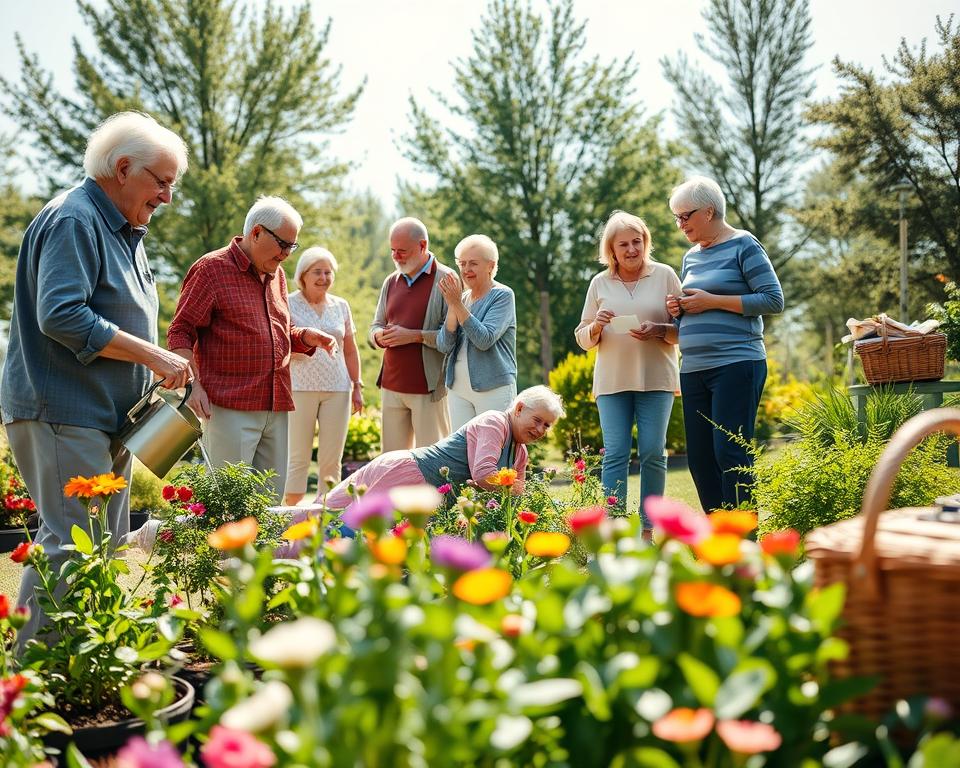 A warm, inviting scene featuring older adults engaged in health-focused activities in a bright, well-lit community garden. In the foreground, a diverse group of seniors, dressed in comfortable, modest clothing, are interacting: one is watering plants, another is gently stretching on a yoga mat, and a couple is enthusiastically discussing healthy recipes. In the middle ground, colorful flowers and greenery create a vibrant atmosphere, symbolizing vitality and growth. In the background, a clear sky and sunlit trees enhance the uplifting mood, while subtle elements like a picnic basket and a few healthy snacks imply lifestyle choices. The angle is slightly elevated, capturing both the dynamic interactions and the serene environment, emphasizing community engagement in chronic disease prevention through small daily habits.