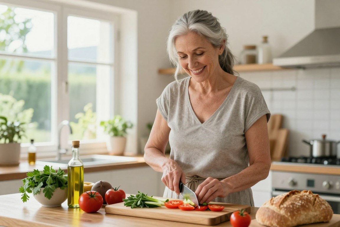 Active healthy senior woman over 50 preparing fresh Mediterranean meal in sunny kitchen