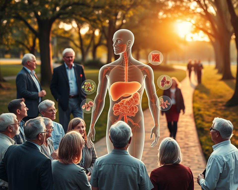 An informative and visually engaging composition illustrating the concept of insulin resistance in individuals over 50. In the foreground, a diverse group of middle-aged adults in professional and casual attire, engaging in discussions about health, showcasing a strong sense of community. In the middle ground, an anatomical representation of the human body highlighting insulin resistance, with a focus on the pancreas and muscle cells, illustrated with soft, translucent overlays to enhance understanding. The background features a serene park scene at golden hour, with soft sunlight filtering through trees, symbolizing a healthy lifestyle, alongside walking path imagery. The mood is educational yet inviting, encouraging viewers to reflect on health choices. The composition employs a warm color palette to evoke feelings of optimism and support, with natural lighting emphasizing the interconnectedness of community and health. An informative and visually engaging composition illustrating the concept of insulin resistance in individuals over 50. In the foreground, a diverse group of middle-aged adults in professional and casual attire, engaging in discussions about health, showcasing a strong sense of community. In the middle ground, an anatomical representation of the human body highlighting insulin resistance, with a focus on the pancreas and muscle cells, illustrated with soft, translucent overlays to enhance understanding. The background features a serene park scene at golden hour, with soft sunlight filtering through trees, symbolizing a healthy lifestyle, alongside walking path imagery. The mood is educational yet inviting, encouraging viewers to reflect on health choices. The composition employs a warm color palette to evoke feelings of optimism and support, with natural lighting emphasizing the interconnectedness of community and health.