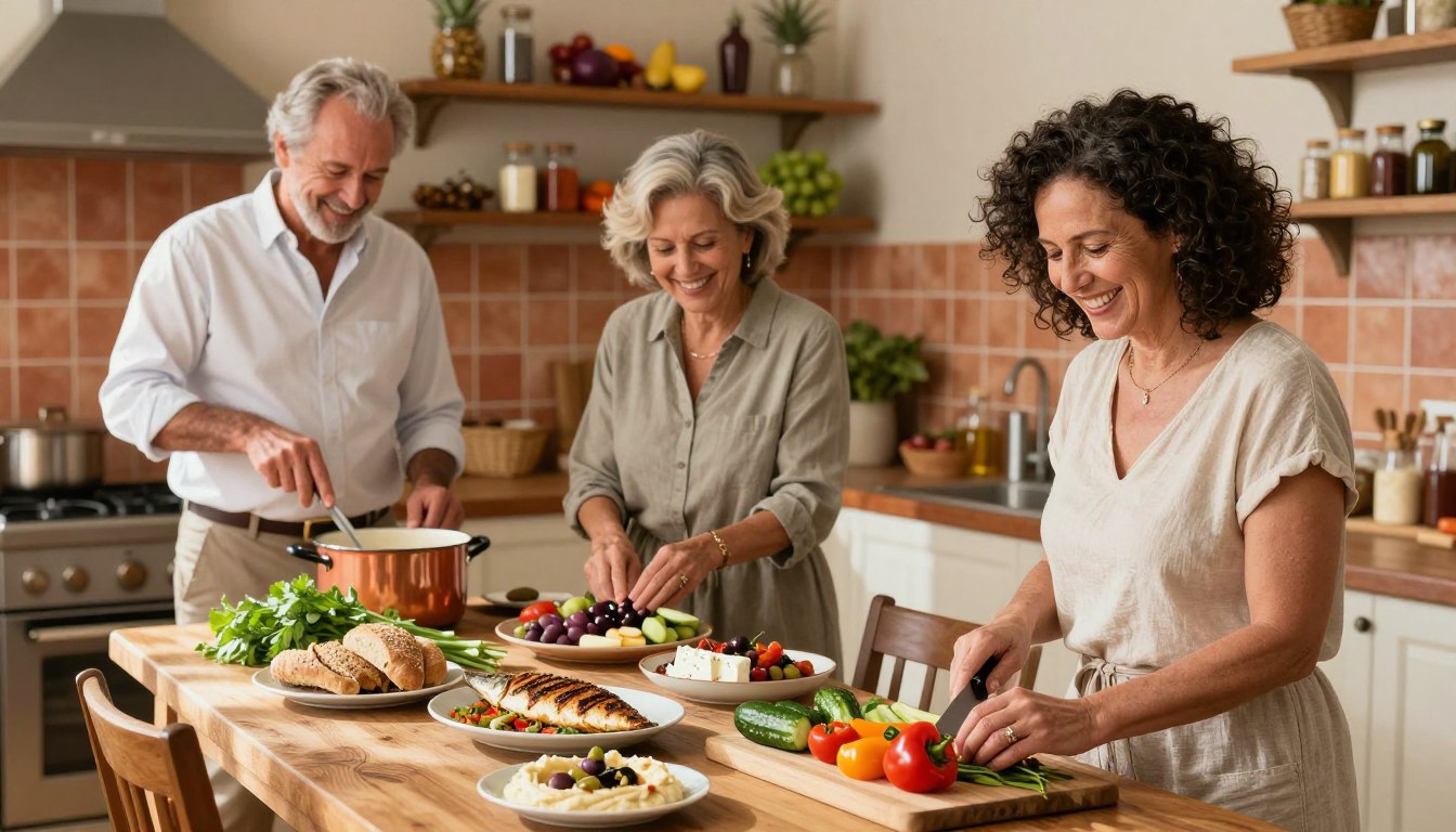 An inviting kitchen scene featuring a diverse group of three realistic healthy adults aged 50 and above, engaged in preparing Mediterranean dishes. In the foreground, a woman in modest casual clothing is chopping fresh vegetables, showcasing vibrant tomatoes, cucumbers, and bell peppers on a wooden cutting board. A man in a crisp shirt is stirring a pot on the stove, while another woman joyfully arranges olives and feta cheese on a platter. The middle ground displays a sunlit dining table adorned with colorful Mediterranean-style dishes, such as grilled fish, hummus, and whole grain bread, surrounded by fresh herbs. The background features a warm, rustic kitchen with terracotta tiles and shelves stocked with spices and fresh produce. The atmosphere is cheerful and inviting, with soft natural lighting enhancing the warmth of the scene.